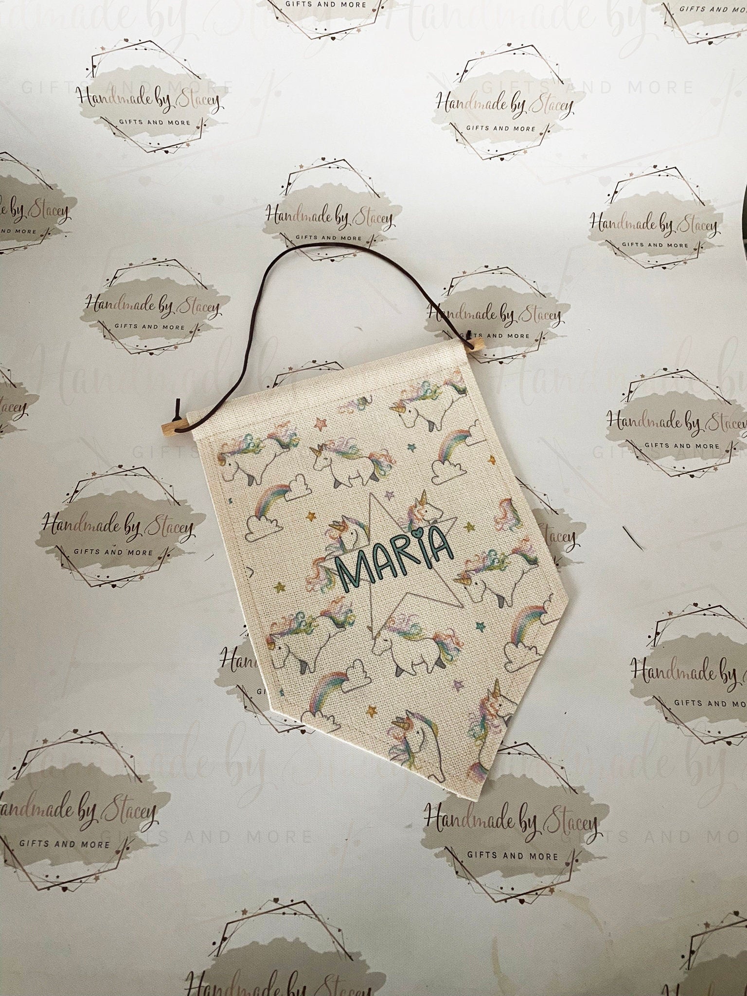 Personalised Linen Flag|Rainbow Unicorn Design|Editable Text|Nursery Bedroom Decor for Daughter|Niece|Grandchild|New Baby Gift|Christening
