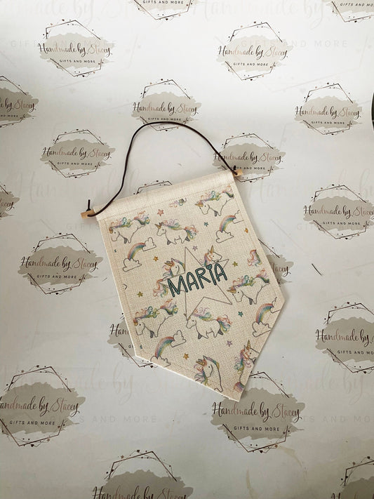 Personalised Linen Flag|Rainbow Unicorn Design|Editable Text|Nursery Bedroom Decor for Daughter|Niece|Grandchild|New Baby Gift|Christening