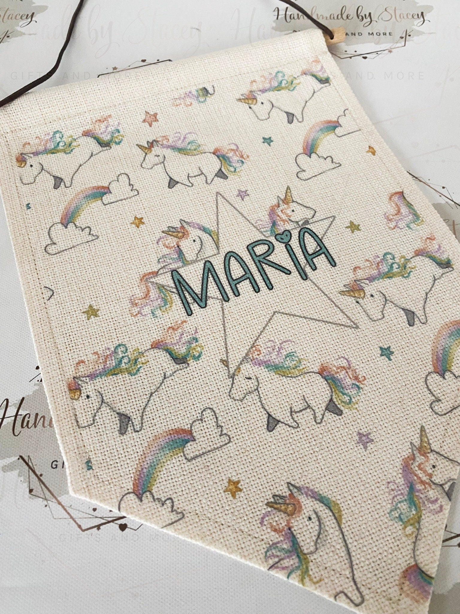 Personalised Linen Flag|Rainbow Unicorn Design|Editable Text|Nursery Bedroom Decor for Daughter|Niece|Grandchild|New Baby Gift|Christening