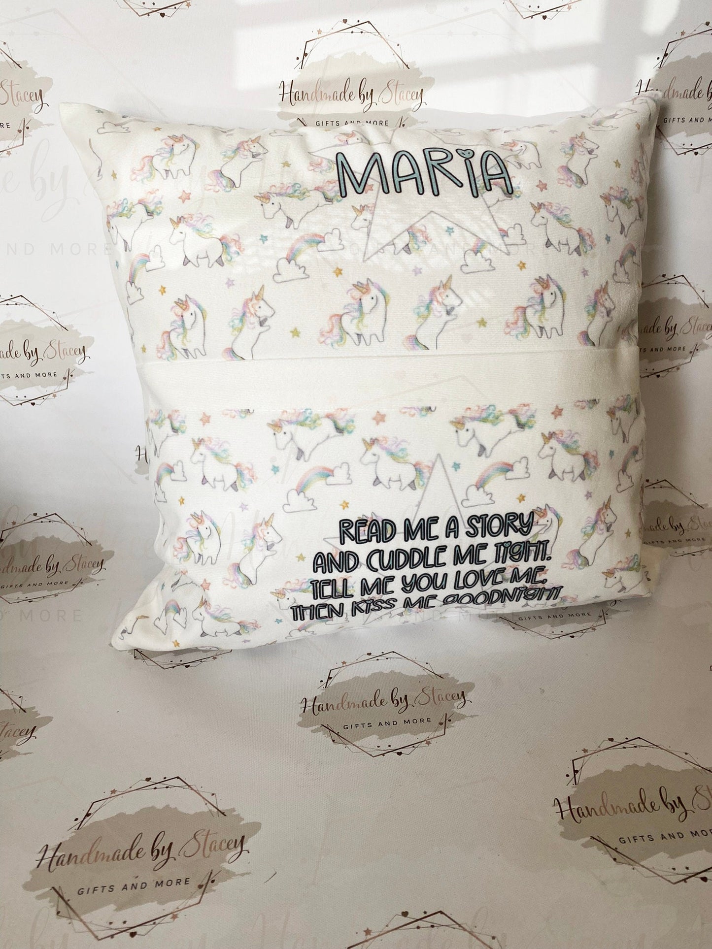 Personalised Book Cushion/Rainbow Hearts Pocket Cushion/Super Soft Custom Text Gift Idea for Daughter/Niece/Grandchild/Bedroom Decor