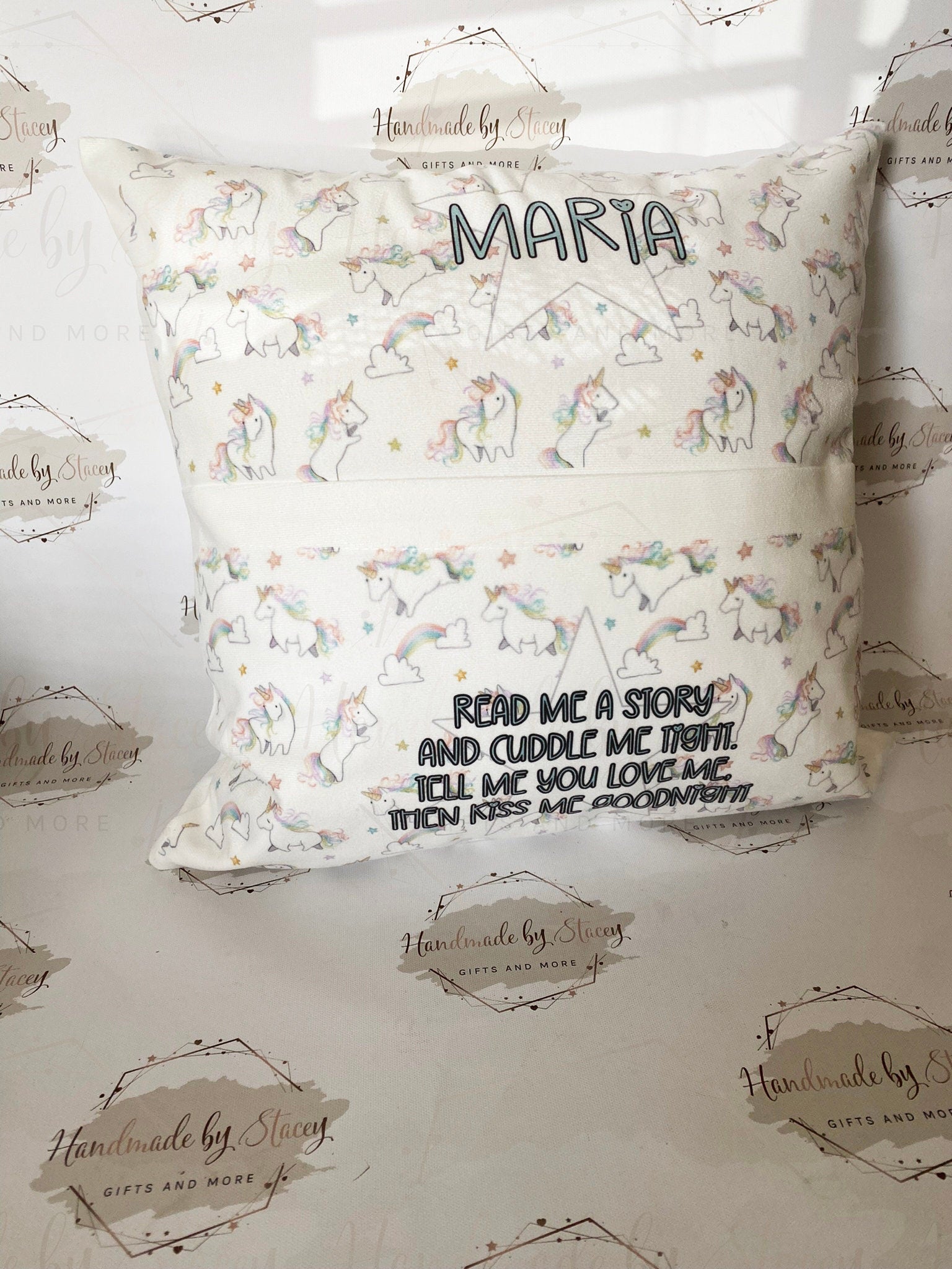 Personalised Book Cushion/Rainbow Hearts Pocket Cushion/Super Soft Custom Text Gift Idea for Daughter/Niece/Grandchild/Bedroom Decor