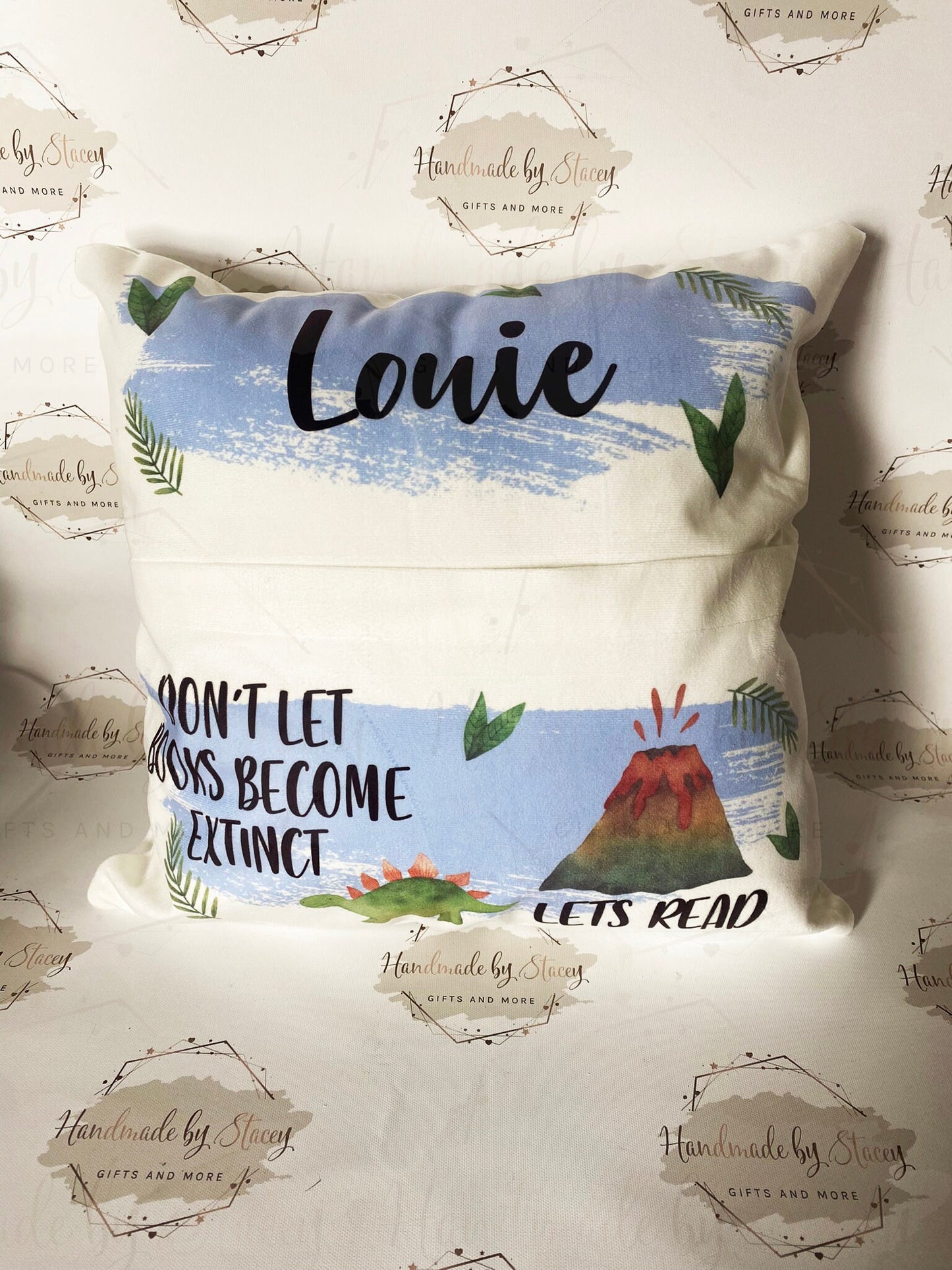 Dinosaur Personalised Book Cushion/Pocket Cushion/Gift Idea for Children/Birthday Gift for Son/Daughter/Reading Keepsake Bedroom Decor