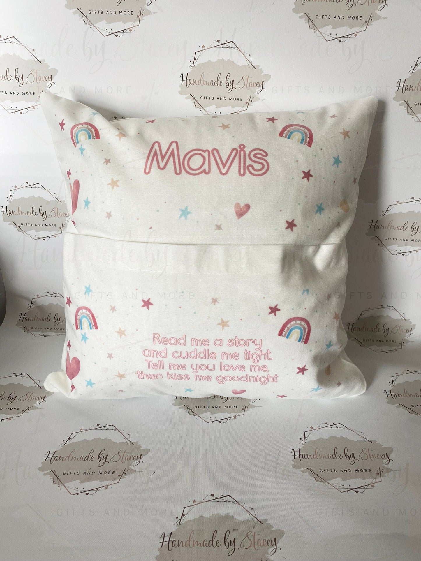 Personalised Book Cushion/Rainbow Hearts Pocket Cushion/Super Soft Custom Text Gift Idea for Daughter/Niece/Grandchild/Bedroom Decor