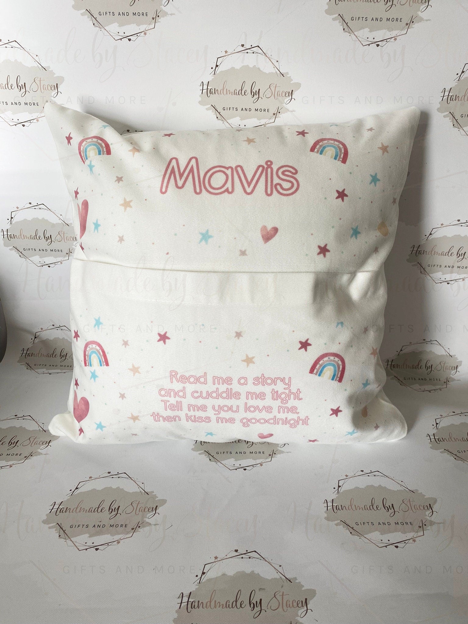Personalised Book Cushion/Rainbow Hearts Pocket Cushion/Super Soft Custom Text Gift Idea for Daughter/Niece/Grandchild/Bedroom Decor