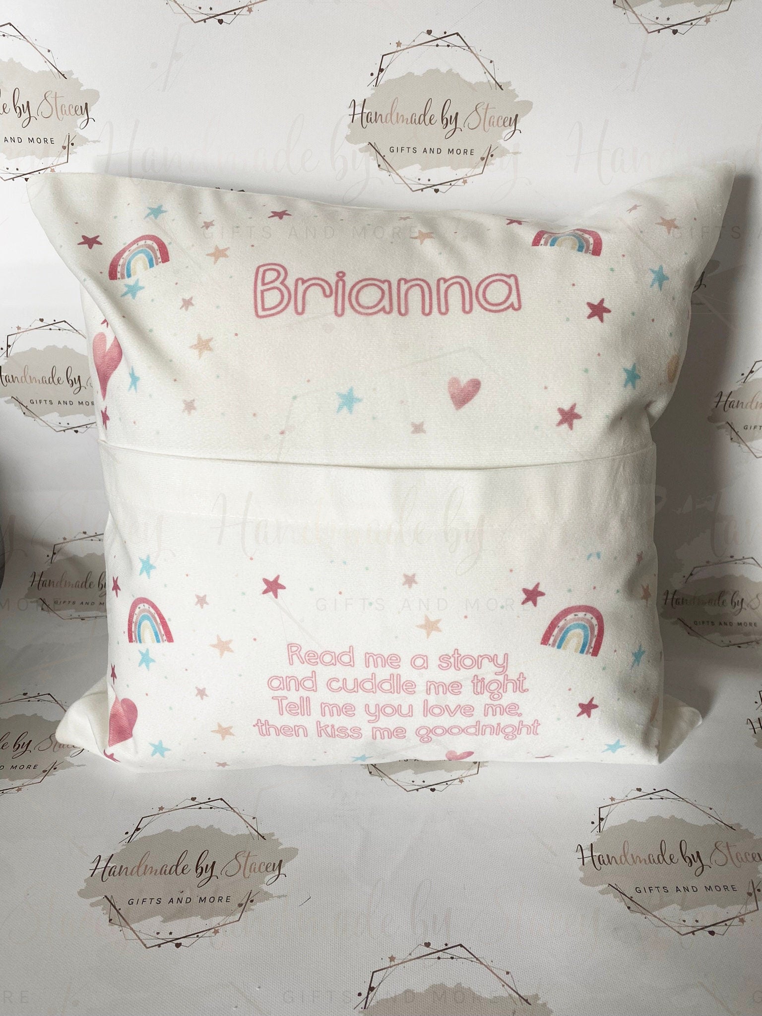 Personalised Book Cushion/Rainbow Hearts Pocket Cushion/Super Soft Custom Text Gift Idea for Daughter/Niece/Grandchild/Bedroom Decor