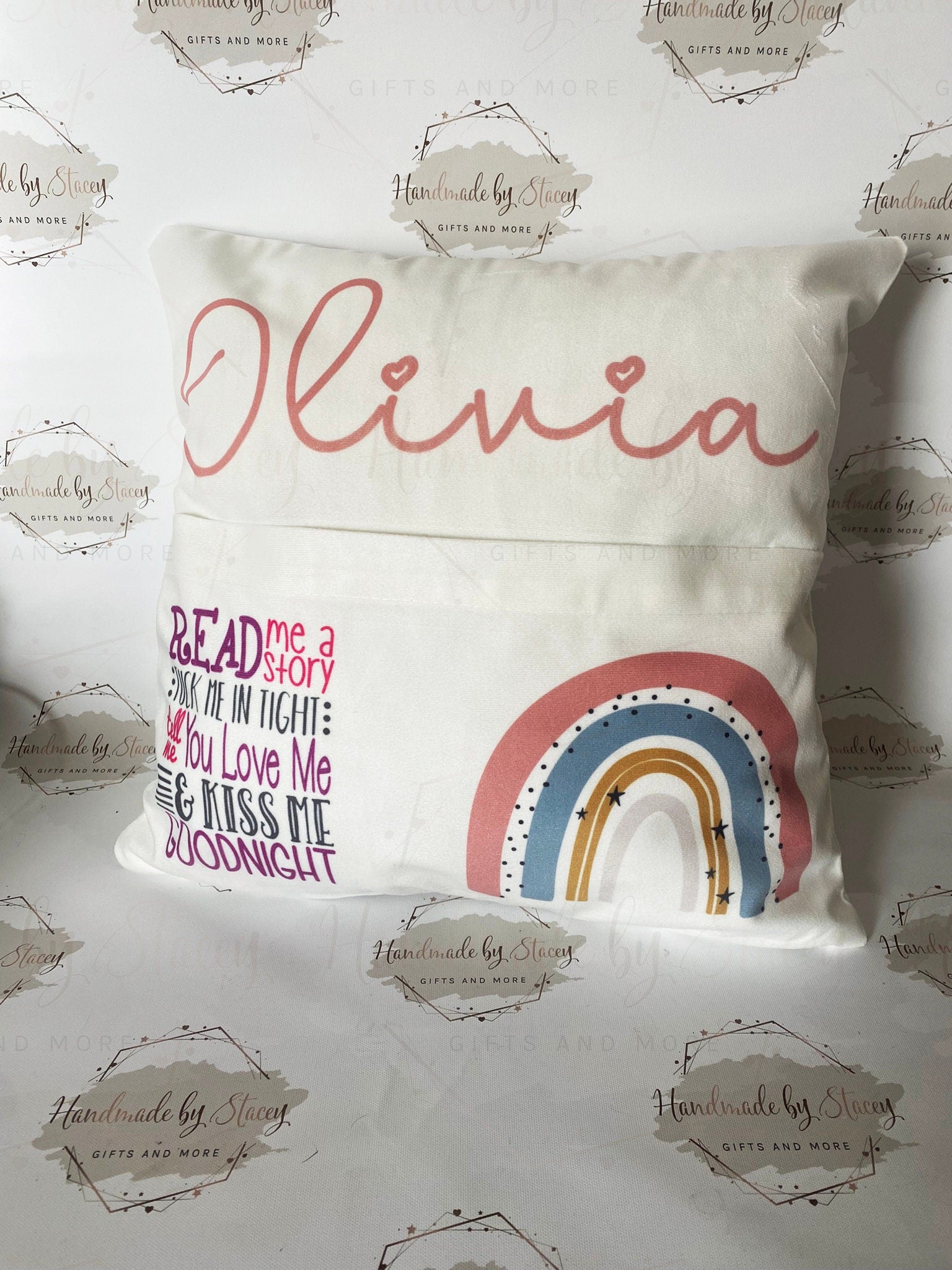 Rainbow Personalised Book Cushion/Pocket Cushion/Gift Idea for Children/Birthday Gift for Son/Daughter/Reading Keepsake Bedroom Decor