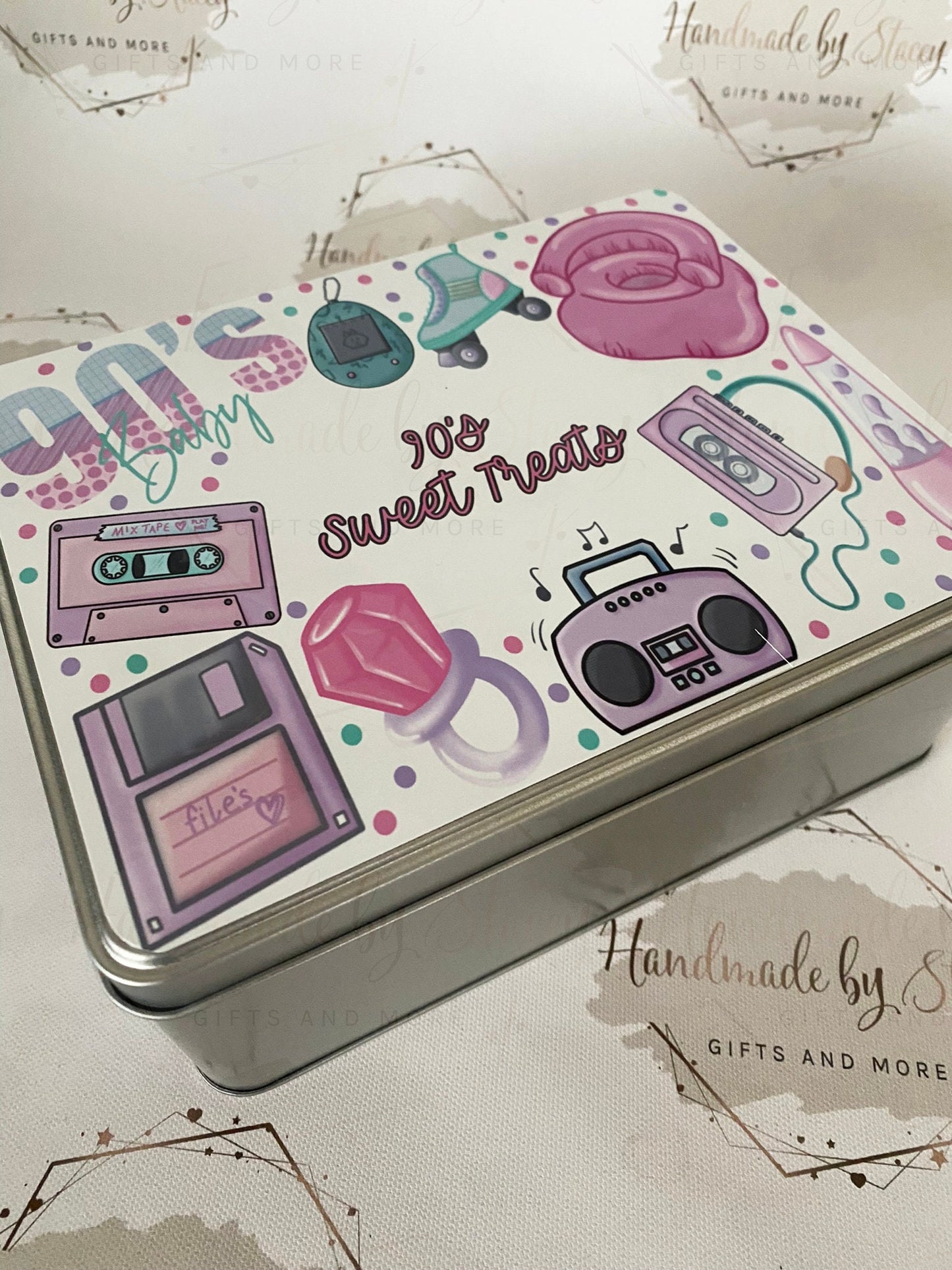 Personalised Novelty Metal Tin|90's Pink Design|30th Birthday Gift|Editable Text|Sweet Biscuit Self Care Box|Retro Treat for Friend
