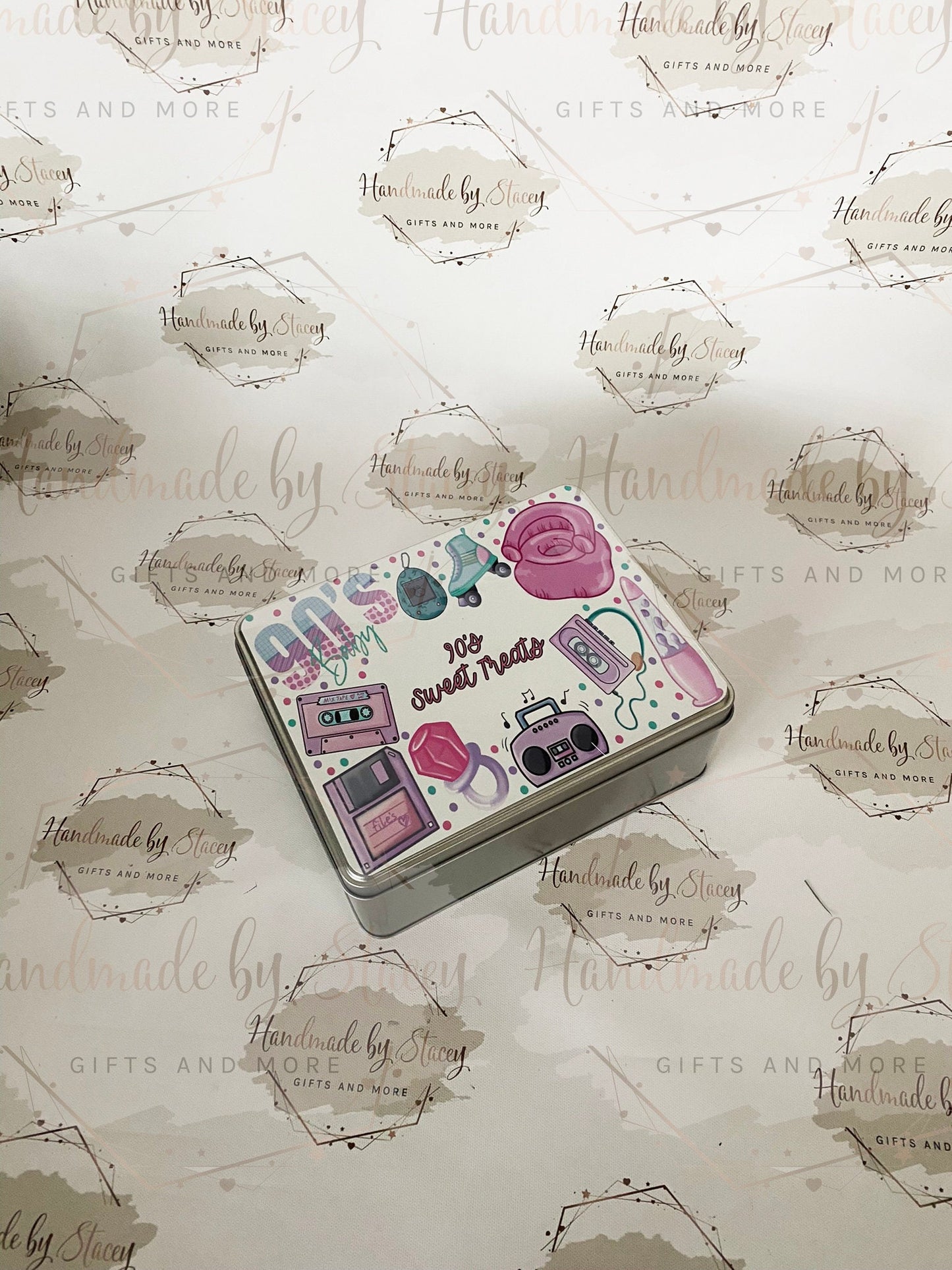 Personalised Novelty Metal Tin|90's Pink Design|30th Birthday Gift|Editable Text|Sweet Biscuit Self Care Box|Retro Treat for Friend