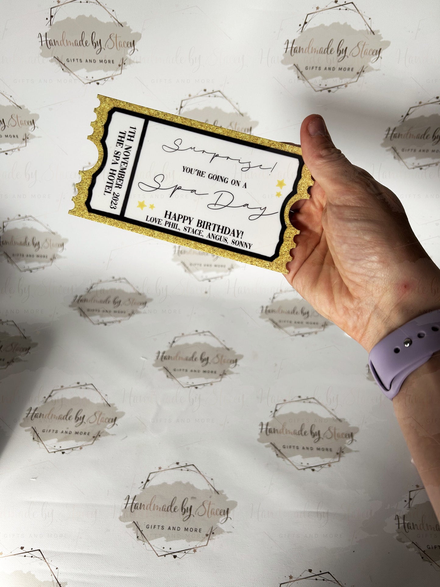 Personalised Gift Ticket|Acrylic Custom Text|Birthday Christmas Anniversary Event Voucher Gold Design|Musical Comedy Spa Day Gift Idea