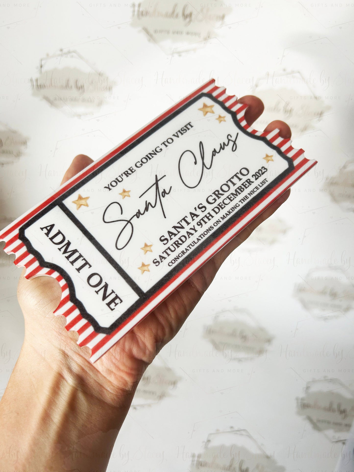 Personalised Gift Ticket|Acrylic Custom Text|Christmas Santa's Grotto|Polar Express|Event Voucher|Red Stripe Design|Musical Gift Idea