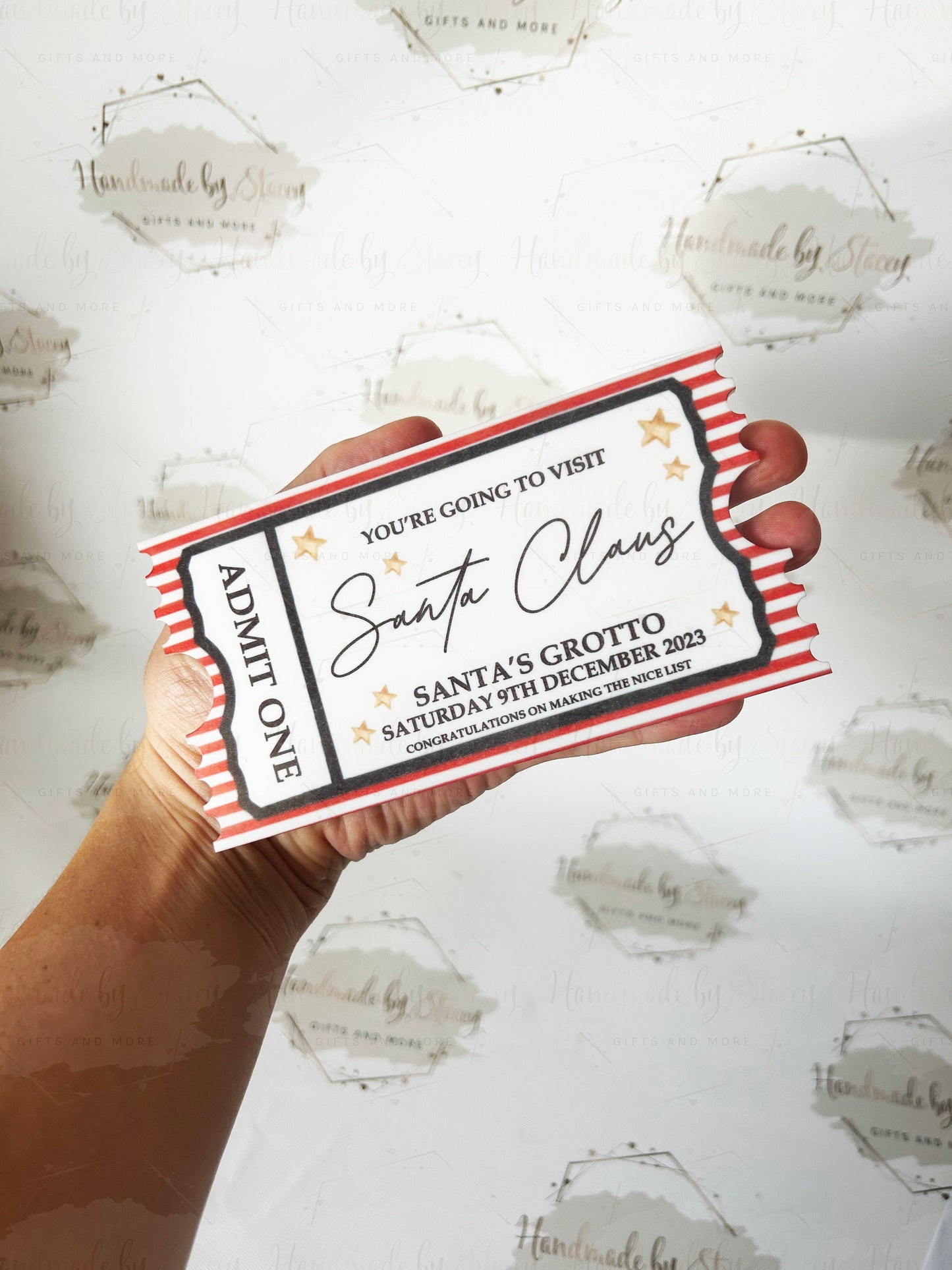 Personalised Gift Ticket|Acrylic Custom Text|Christmas Santa's Grotto|Polar Express|Event Voucher|Red Stripe Design|Musical Gift Idea