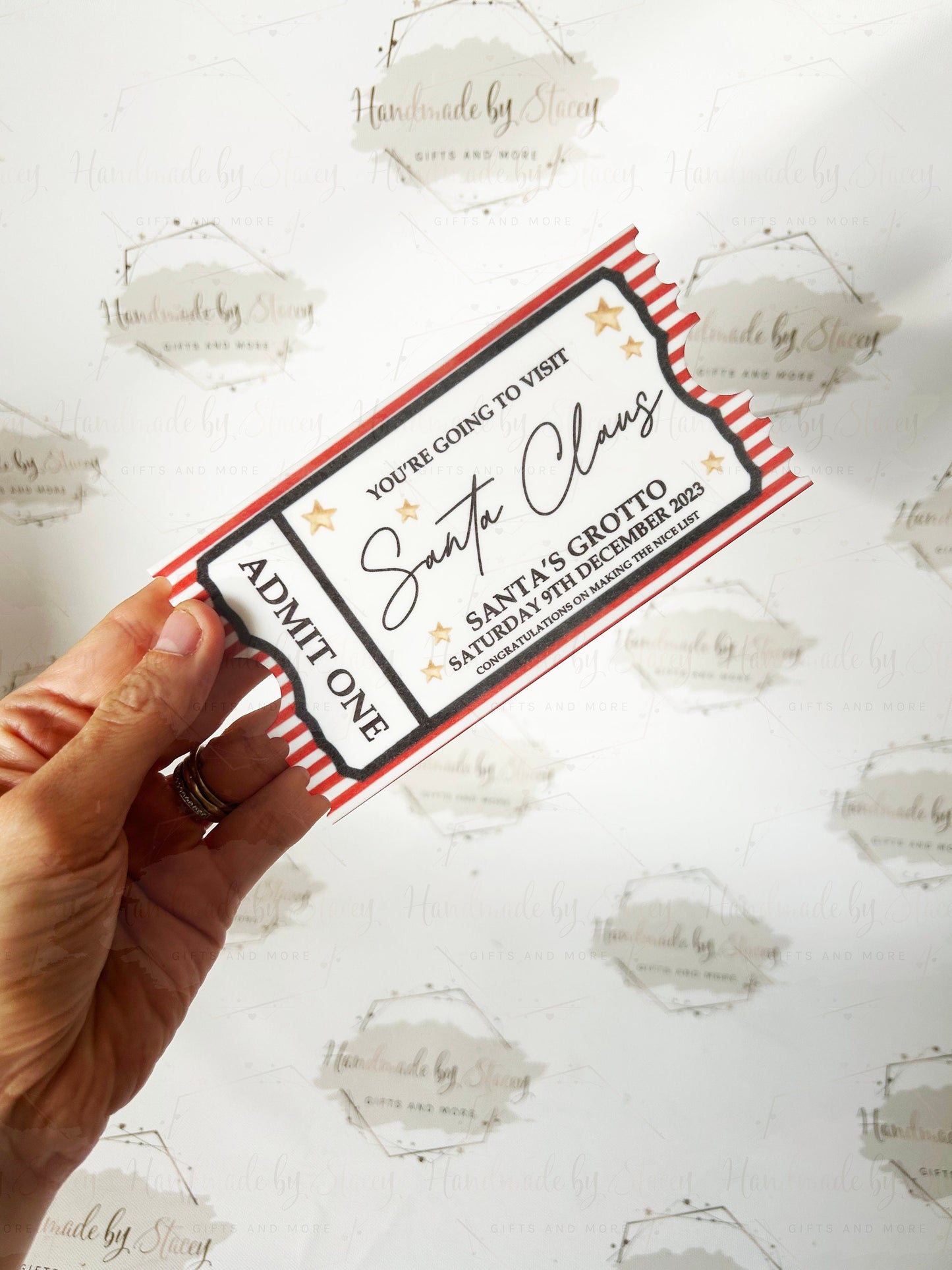 Personalised Gift Ticket|Acrylic Custom Text|Christmas Santa's Grotto|Polar Express|Event Voucher|Red Stripe Design|Musical Gift Idea