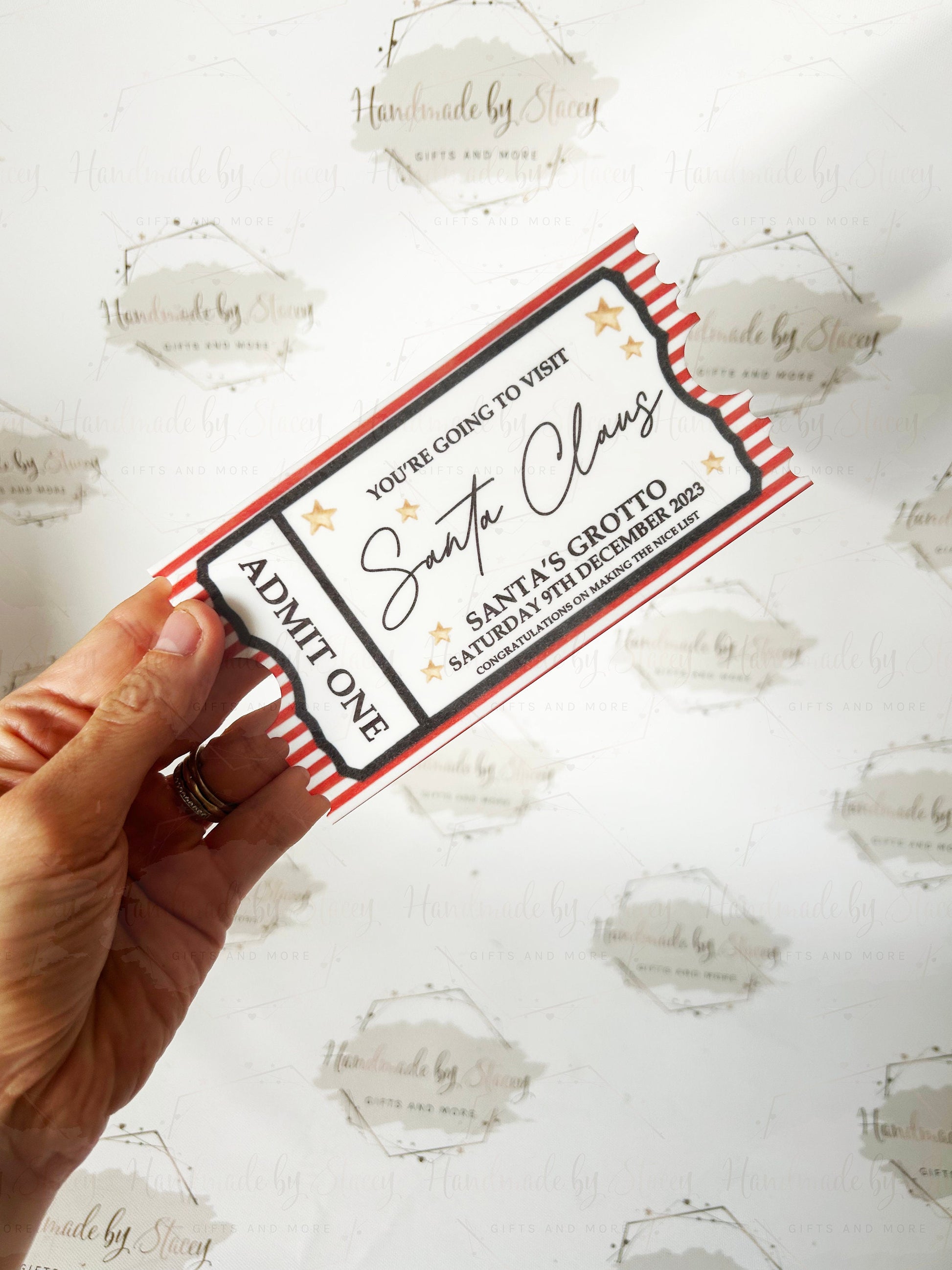 Personalised Gift Ticket|Acrylic Custom Text|Christmas Santa's Grotto|Polar Express|Event Voucher|Red Stripe Design|Musical Gift Idea