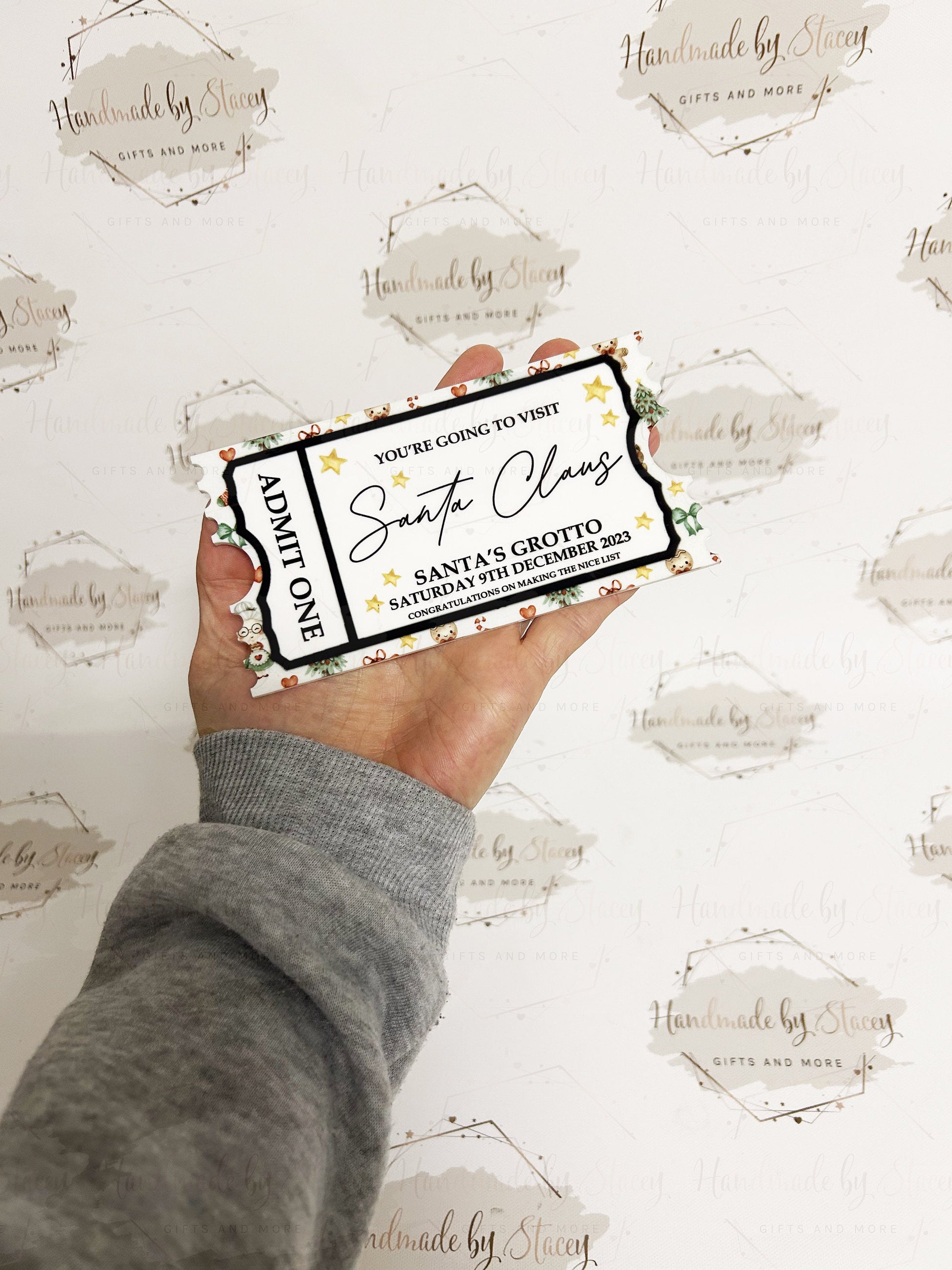 Personalised Festive Gift Ticket|Acrylic Custom Text|Christmas Santa's Grotto|Polar Express|Event Voucher|Red Stripe Design|Child Gift Idea