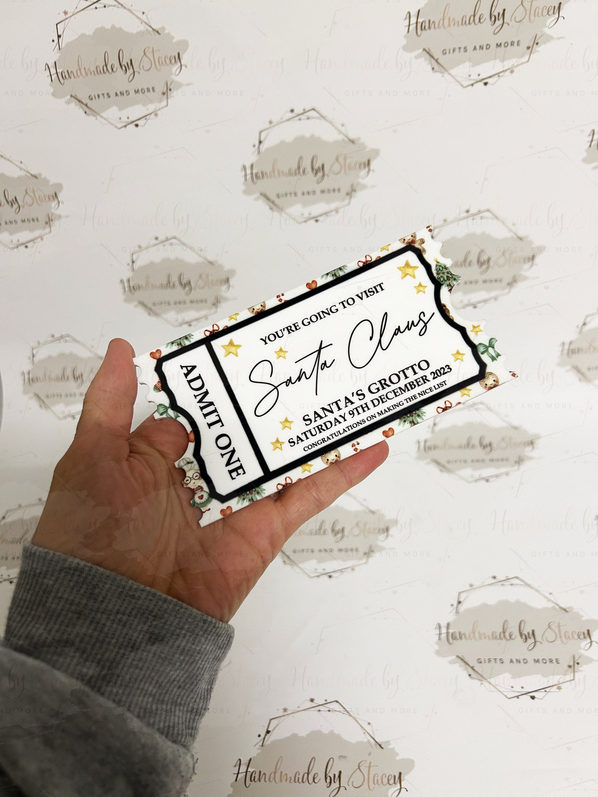 Personalised Festive Gift Ticket|Acrylic Custom Text|Christmas Santa's Grotto|Polar Express|Event Voucher|Red Stripe Design|Child Gift Idea