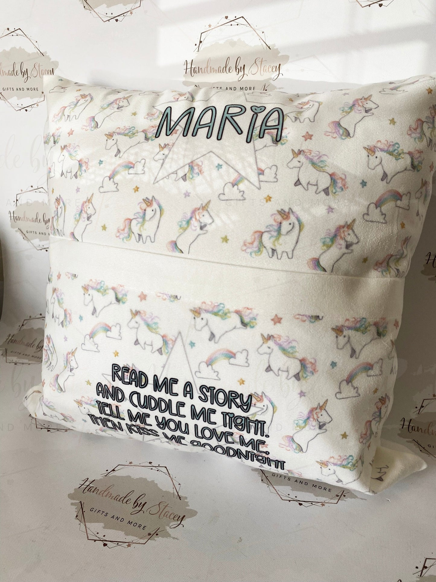 Personalised Book Cushion/Rainbow Hearts Pocket Cushion/Super Soft Custom Text Gift Idea for Daughter/Niece/Grandchild/Bedroom Decor