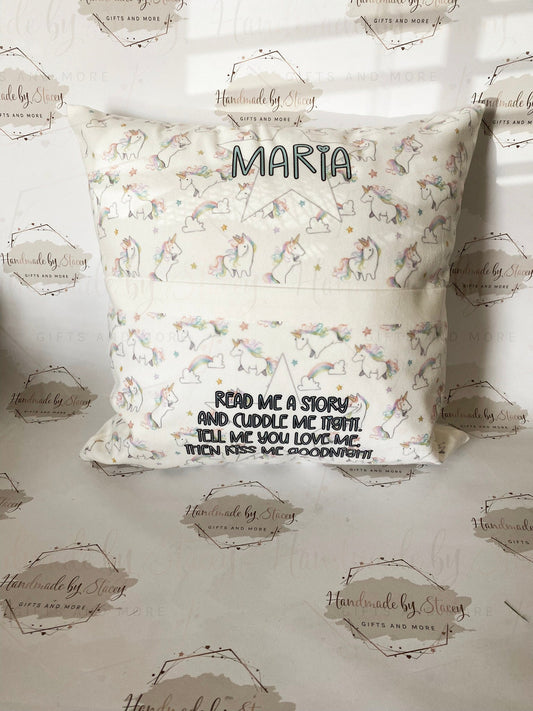 Personalised Book Cushion/Rainbow Hearts Pocket Cushion/Super Soft Custom Text Gift Idea for Daughter/Niece/Grandchild/Bedroom Decor
