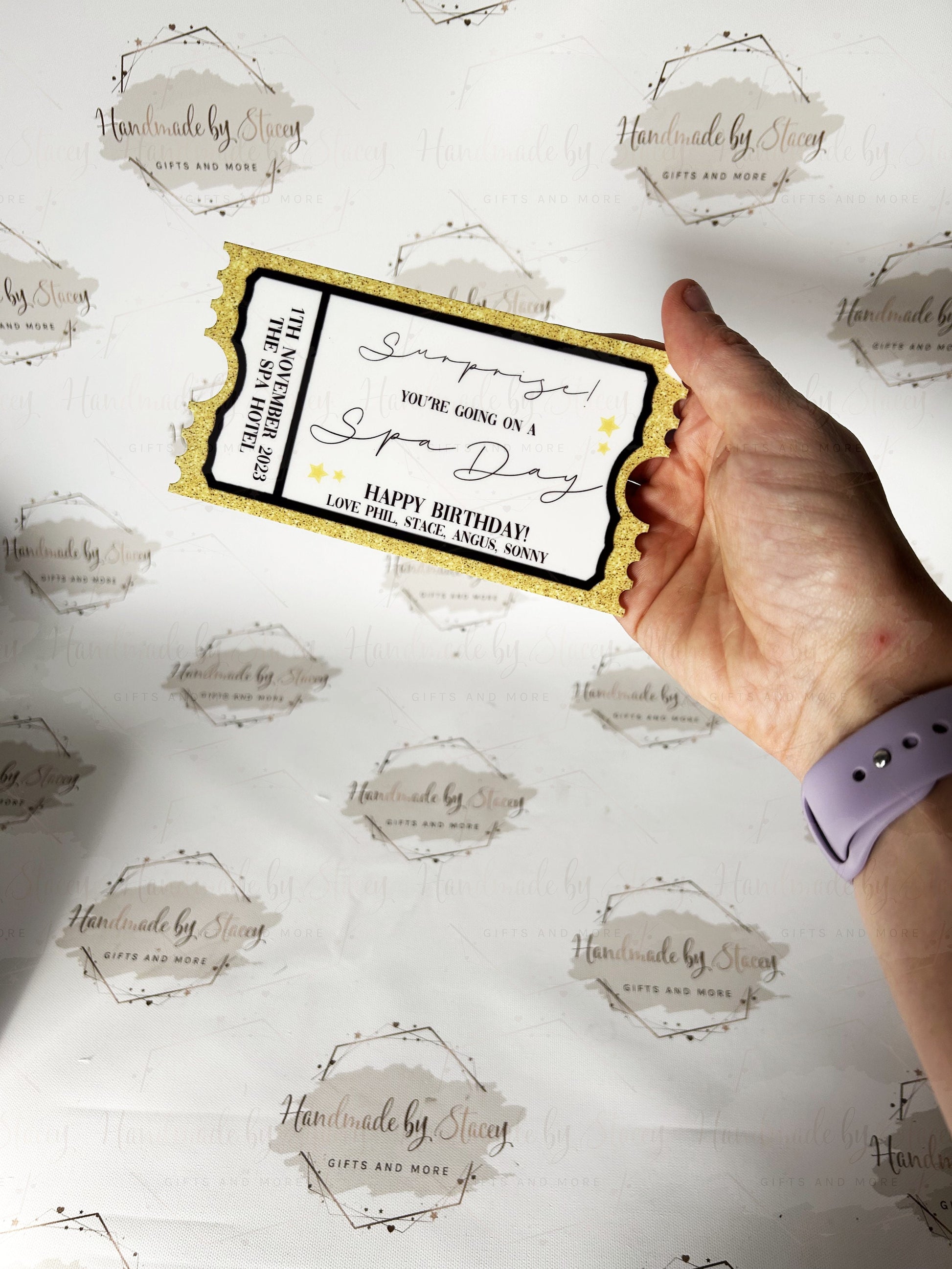 Personalised Gift Ticket|Acrylic Custom Text|Birthday Christmas Anniversary Event Voucher Gold Design|Musical Comedy Spa Day Gift Idea