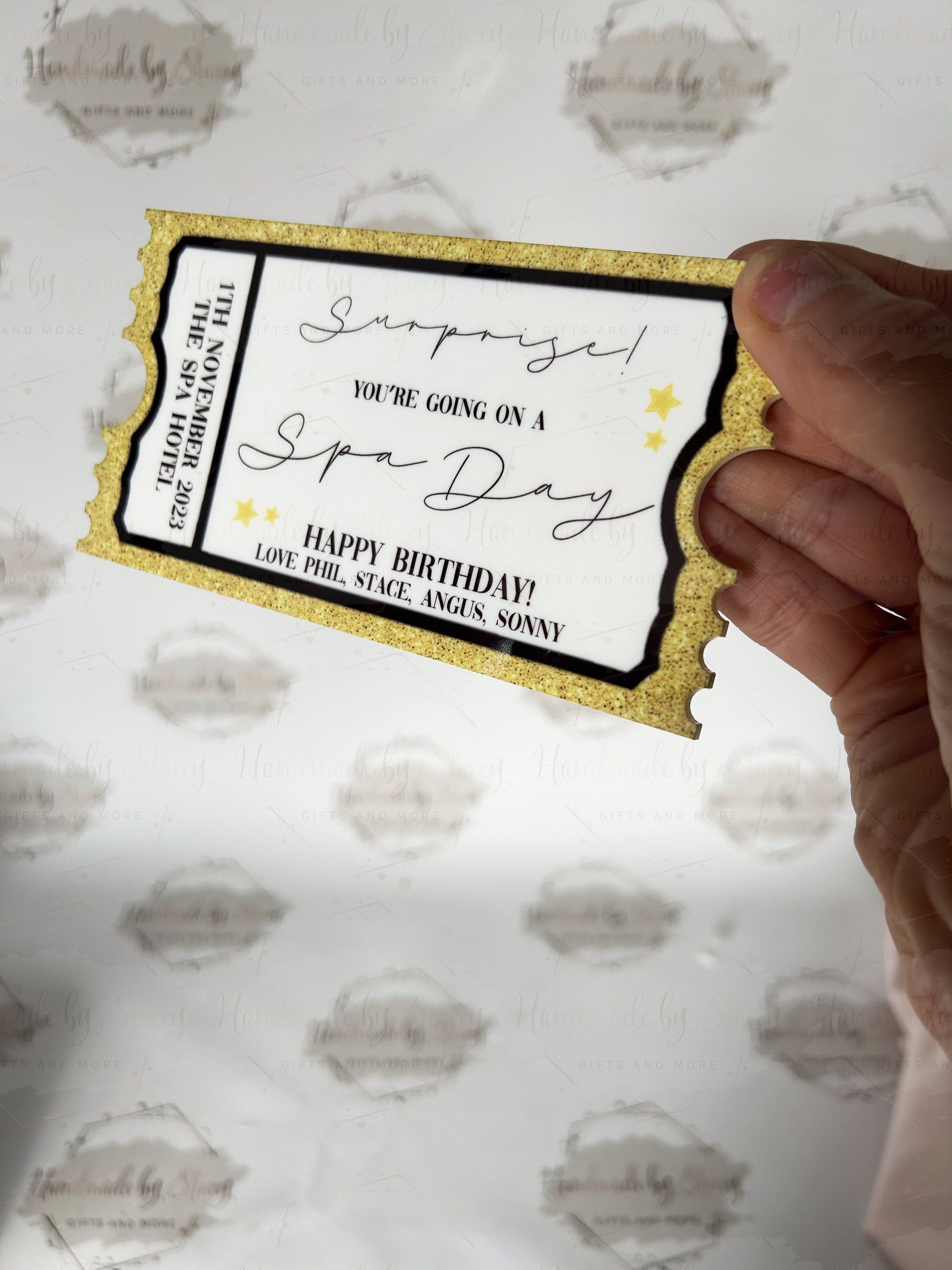 Personalised Gift Ticket|Acrylic Custom Text|Birthday Christmas Anniversary Event Voucher Gold Design|Musical Comedy Spa Day Gift Idea
