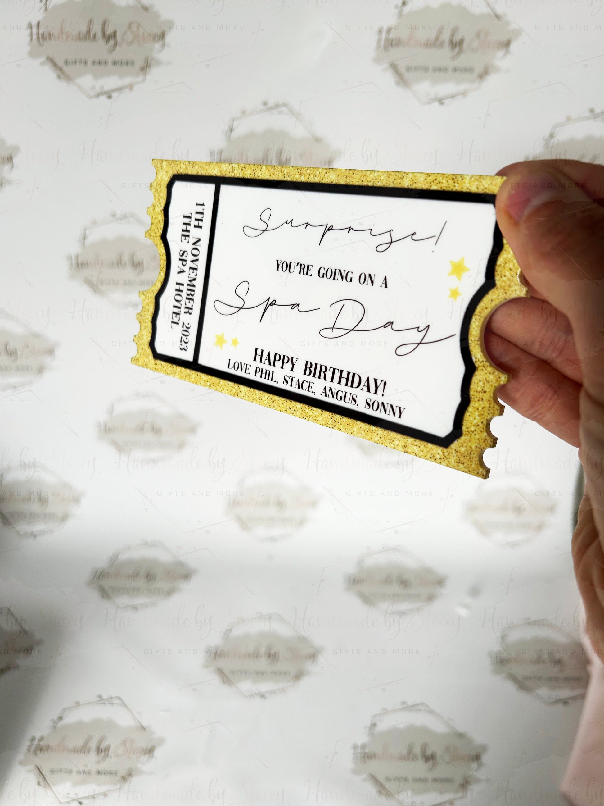 Personalised Gift Ticket|Acrylic Custom Text|Birthday Christmas Anniversary Event Voucher Gold Design|Musical Comedy Spa Day Gift Idea
