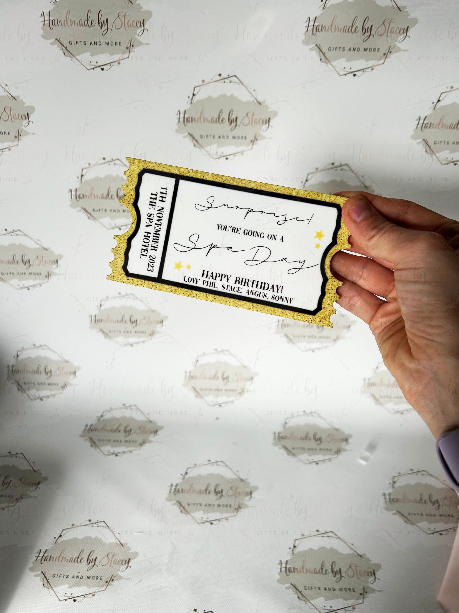 Personalised Gift Ticket|Acrylic Custom Text|Birthday Christmas Anniversary Event Voucher Gold Design|Musical Comedy Spa Day Gift Idea