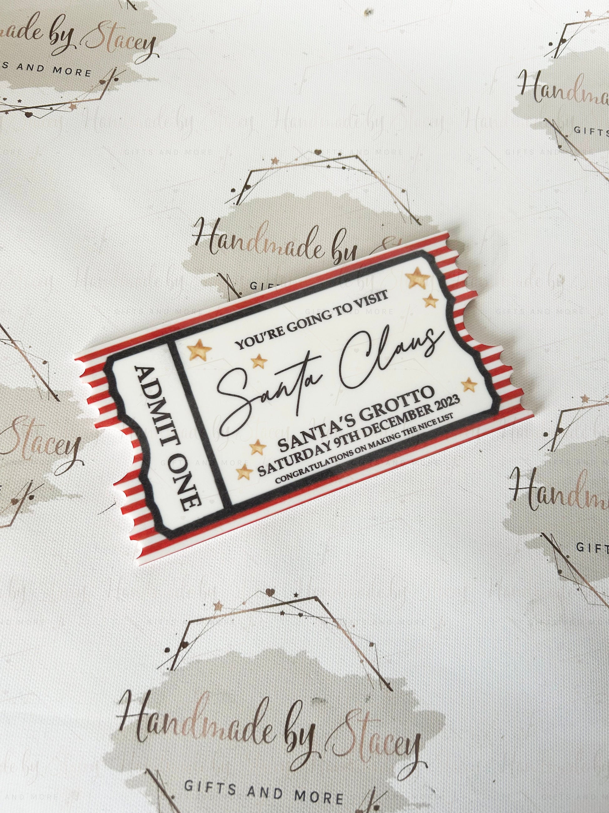 Personalised Gift Ticket|Acrylic Custom Text|Christmas Santa's Grotto|Polar Express|Event Voucher|Red Stripe Design|Musical Gift Idea