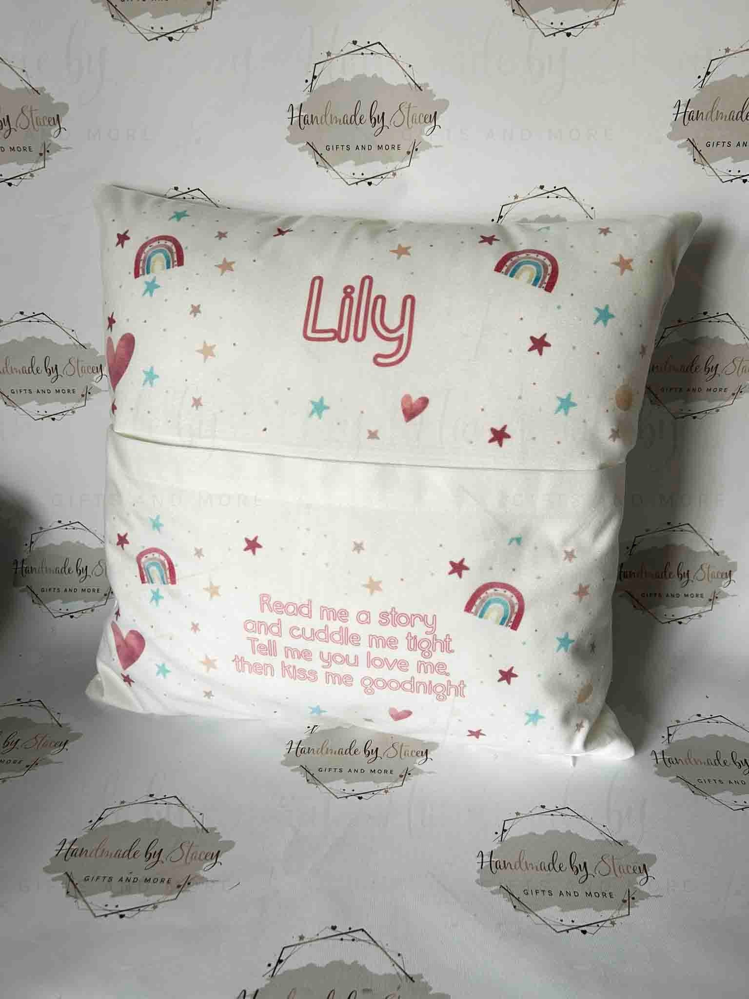 Personalised Book Cushion/Rainbow Hearts Pocket Cushion/Super Soft Custom Text Gift Idea for Daughter/Niece/Grandchild/Bedroom Decor