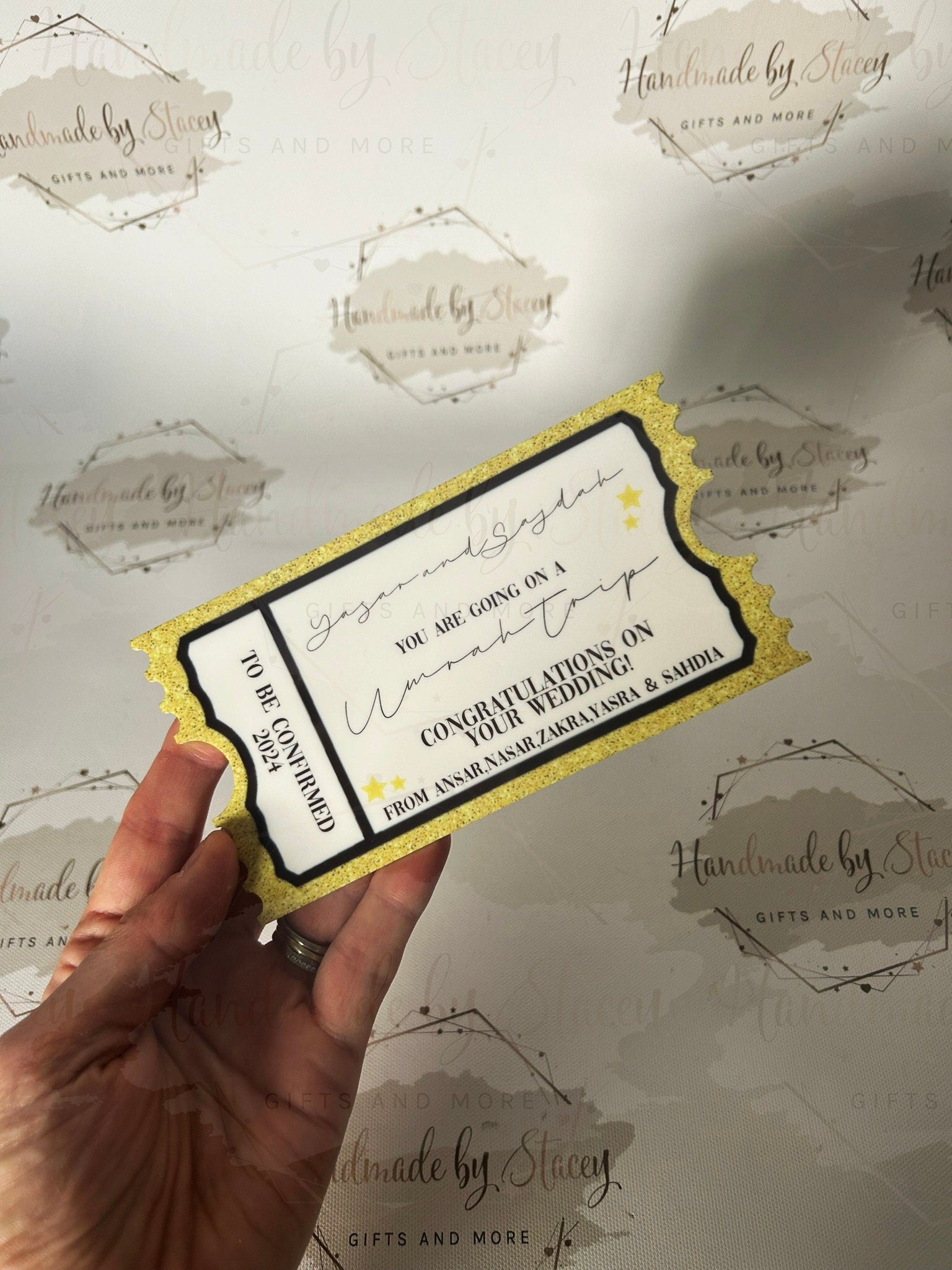 Personalised Gift Ticket|Acrylic Custom Text|Birthday Christmas Anniversary Event Voucher Gold Design|Musical Comedy Spa Day Gift Idea