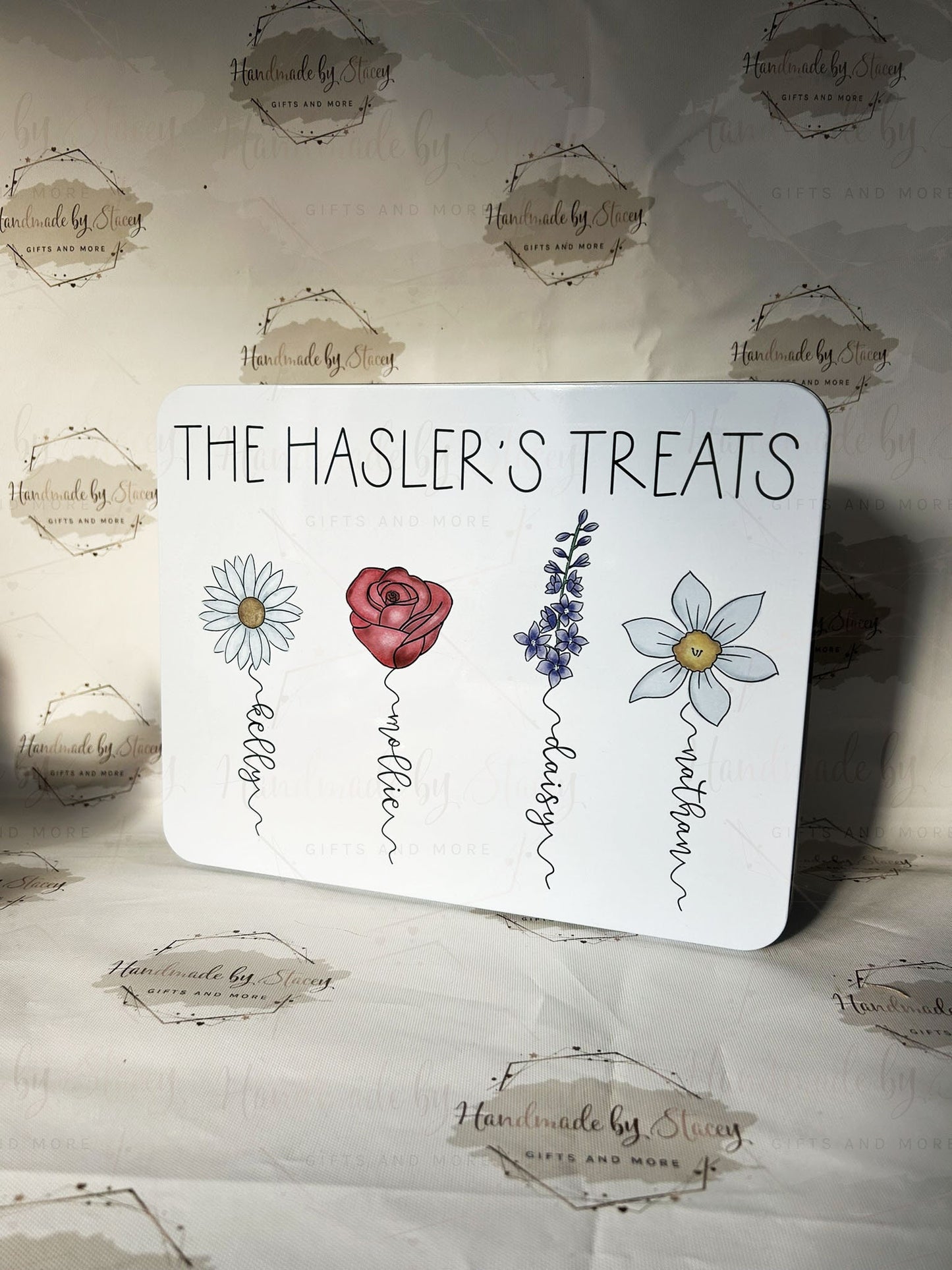 Personalised Novelty Metal Tin|Birth Flower Design|Floral Gift for Mothers Day|Birthday|Treat Sweet Cake Biscuit Tin for Her|Various Sizes