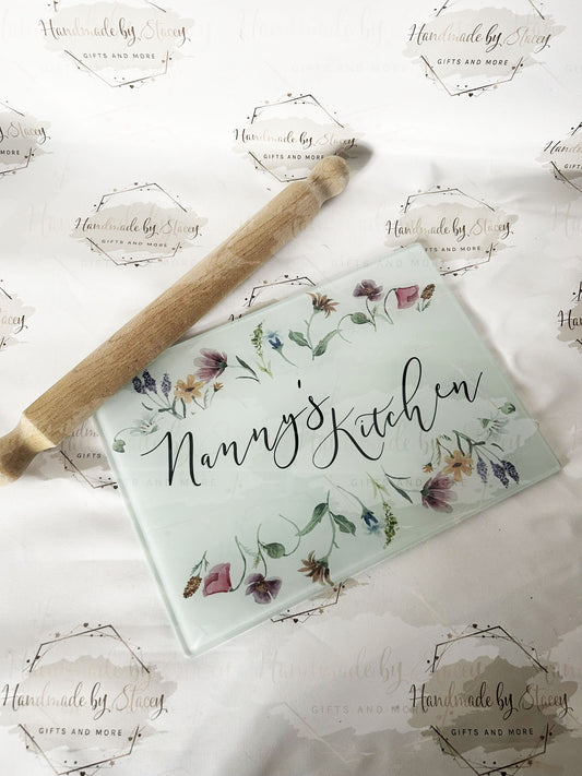 Personalised Chopping Board|A4 or A3 Size|Wildflower Floral Design|Mothers Day Gift Idea|Grandparent Cutting Board|Glass Kitchen Present