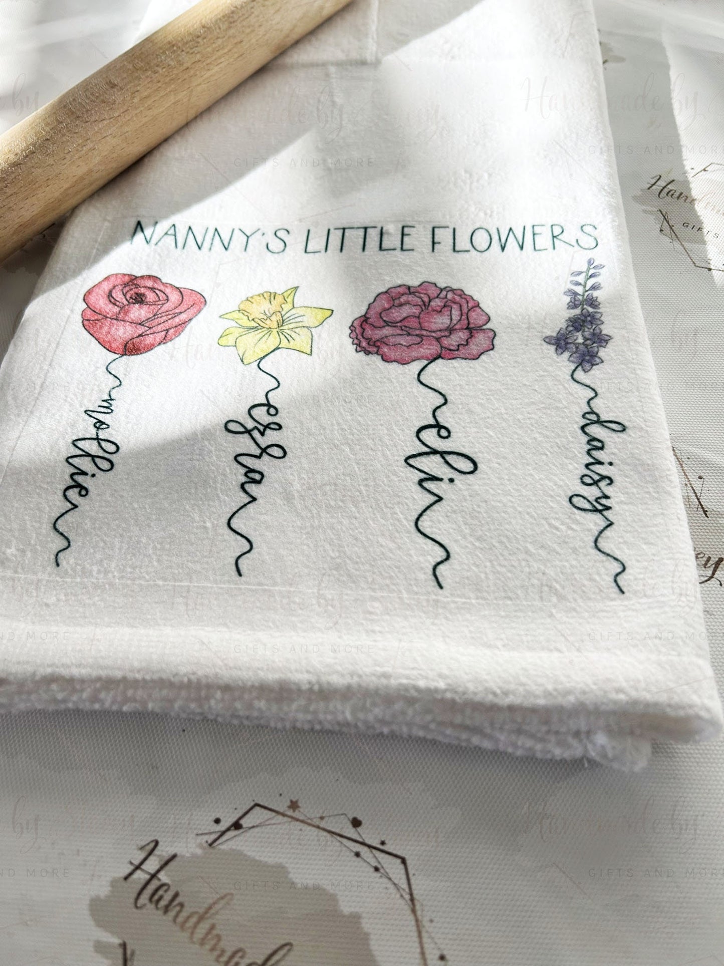 Personalised Kitchen Tea Towel|Birth Flower Design|Unique Homeware Gift for Mothers day|Grandparents|Loved One|From Grandchildren