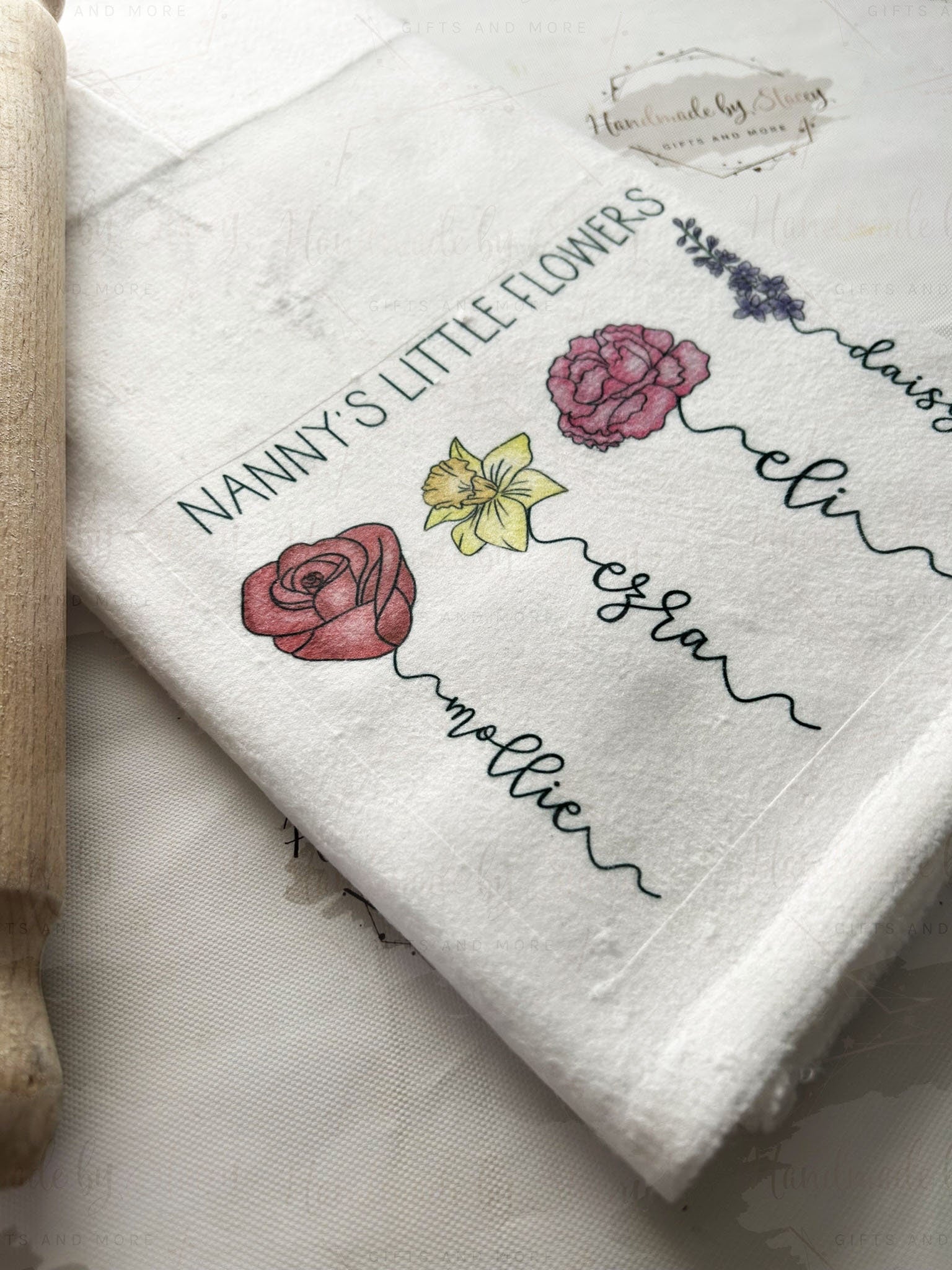 Personalised Kitchen Tea Towel|Birth Flower Design|Unique Homeware Gift for Mothers day|Grandparents|Loved One|From Grandchildren