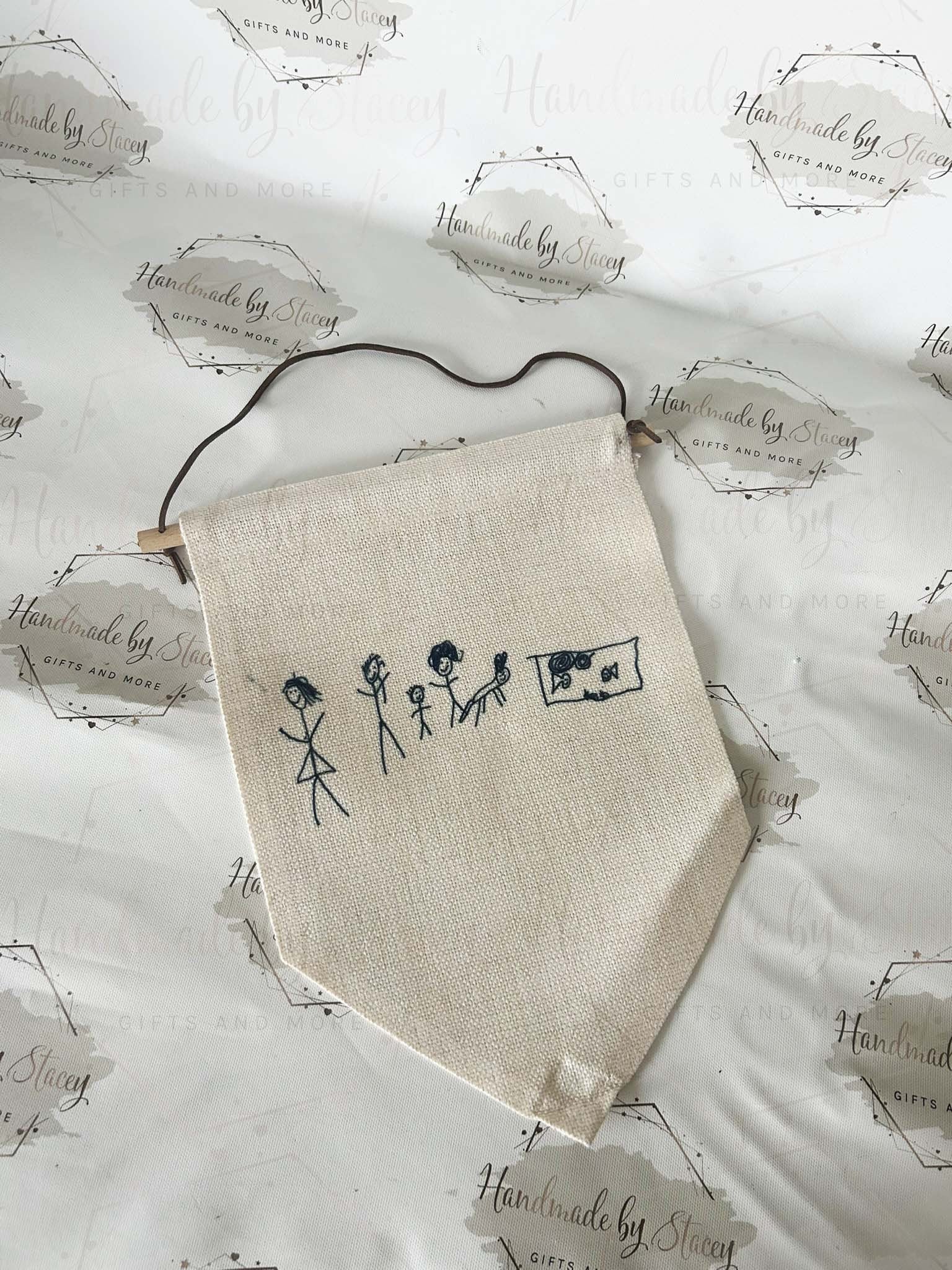 Personalised Linen Flag Pennant|Bedroom Decor House Sign Gift Idea|Child Drawing Artwork Handprints Gift Idea|Fathers Mothers Day|Birthday