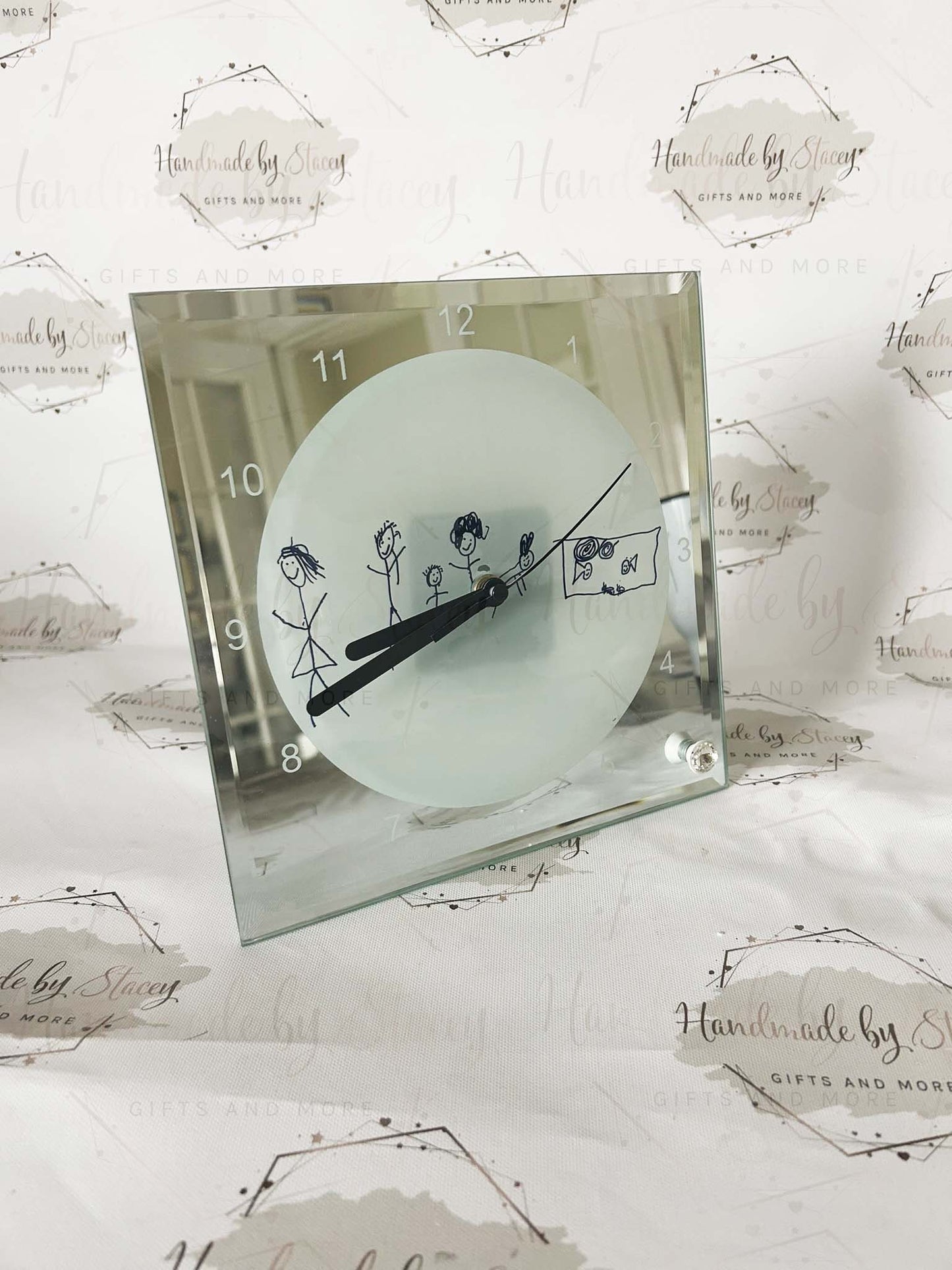 Personalised Glass Clock|Childs Artwork Drawing Working Mechanical Clock with Stand|Beautiful Gift Idea for Mother's Day|Father's Day|