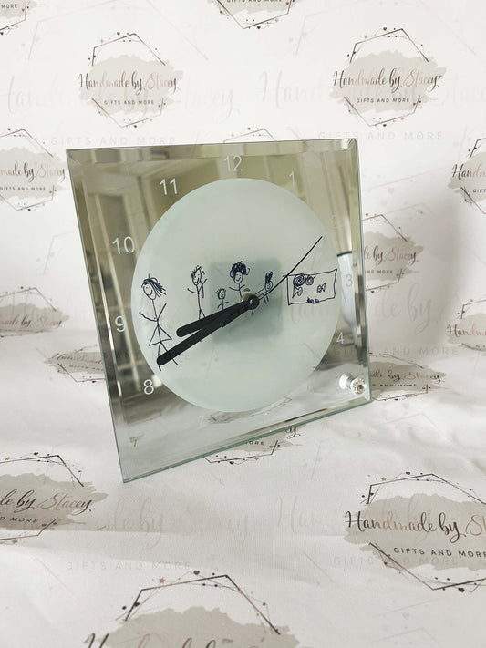 Personalised Glass Clock|Childs Artwork Drawing Working Mechanical Clock with Stand|Beautiful Gift Idea for Mother's Day|Father's Day|