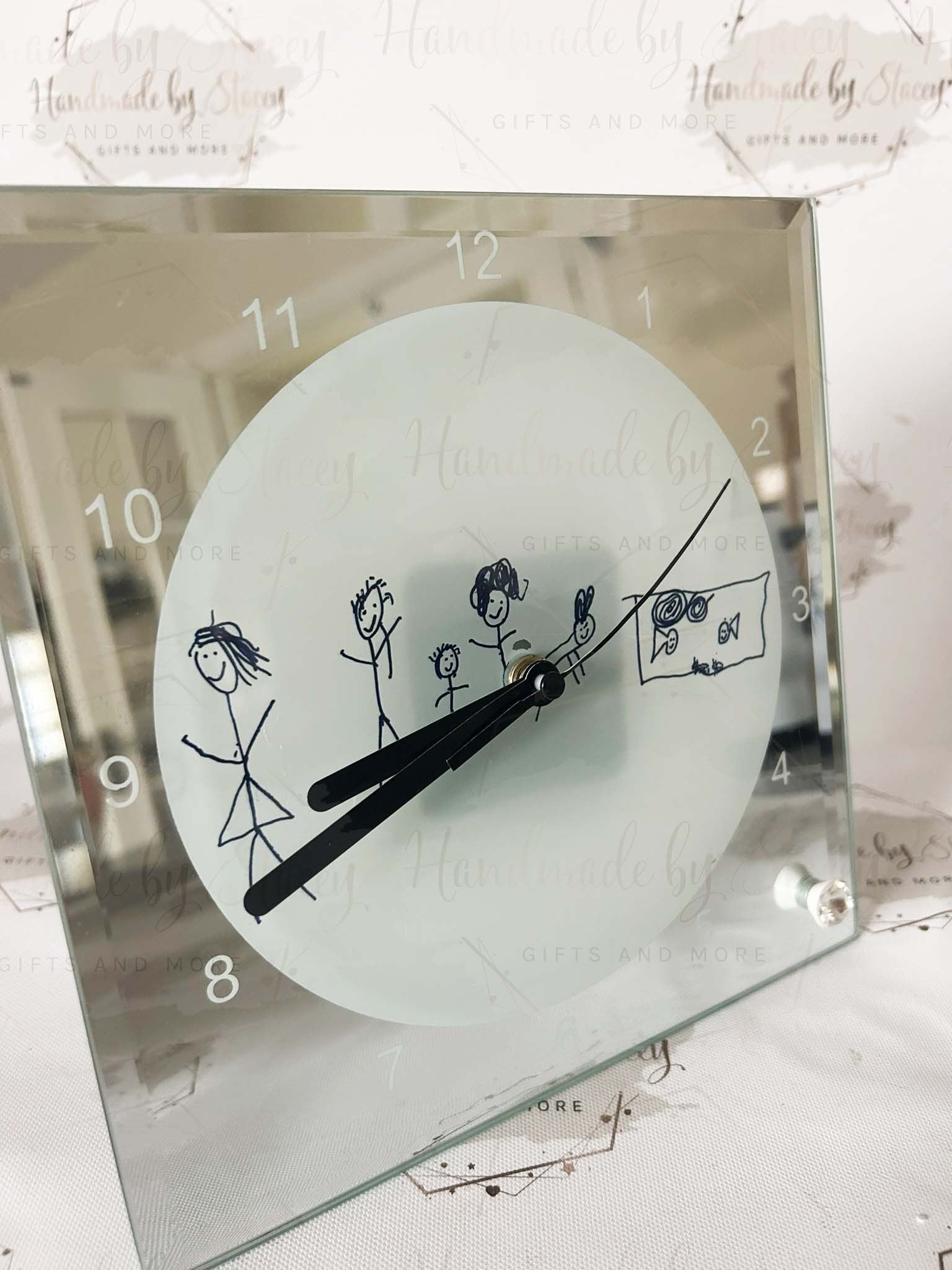 Personalised Glass Clock|Childs Artwork Drawing Working Mechanical Clock with Stand|Beautiful Gift Idea for Mother's Day|Father's Day|