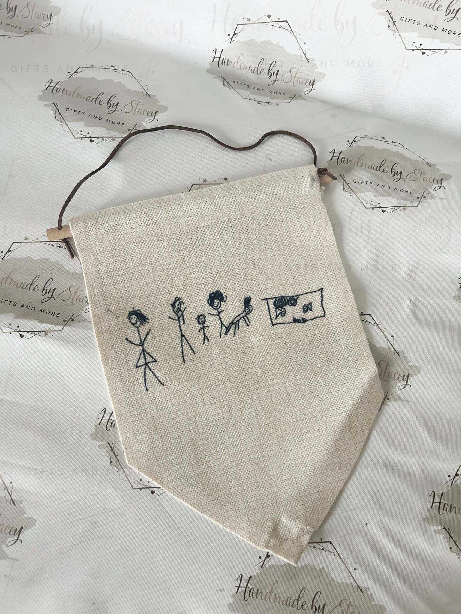 Personalised Linen Flag Pennant|Bedroom Decor House Sign Gift Idea|Child Drawing Artwork Handprints Gift Idea|Fathers Mothers Day|Birthday