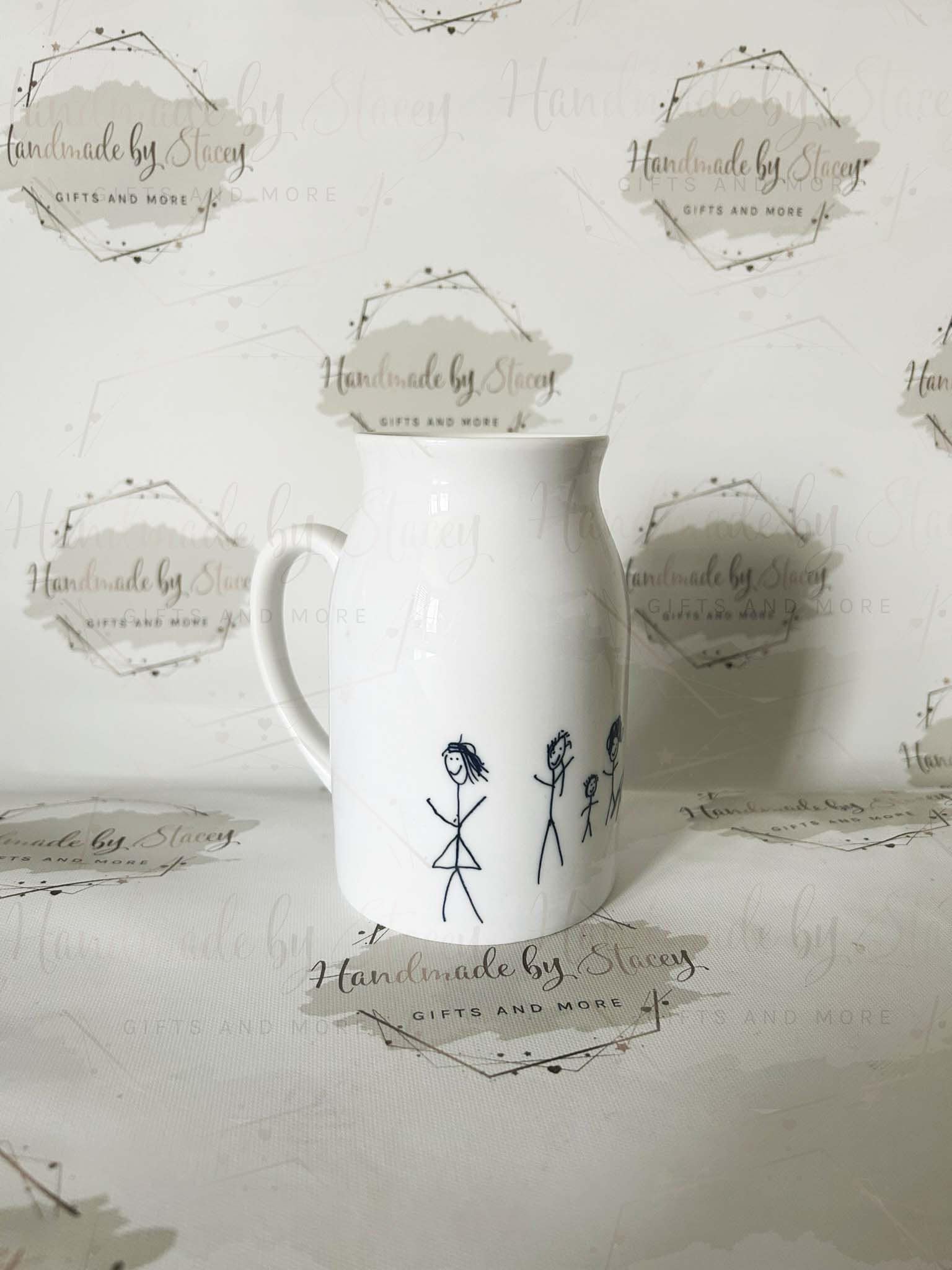 Personalised Jug|Ceramic Floral Vase|Child Artwork Handprints Drawing Gift Idea|Beautiful Flower Gift Idea for Father Mothers Day From Kids