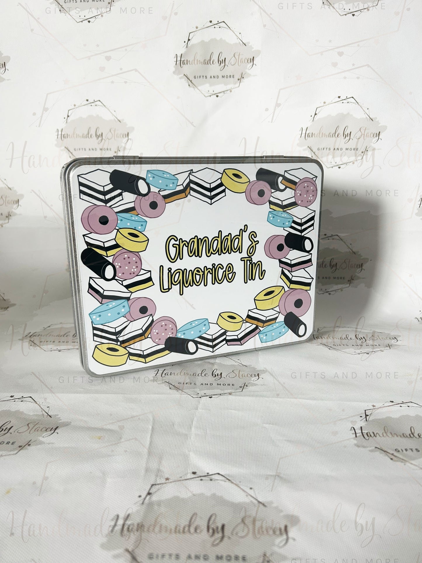 Personalised Novelty Metal Tin|Liquorice Sweet Design|Various Sizes|Custom Text|Big Birthday|Tenth Anniversary|Sweet Biscuit Box|Fathers Day