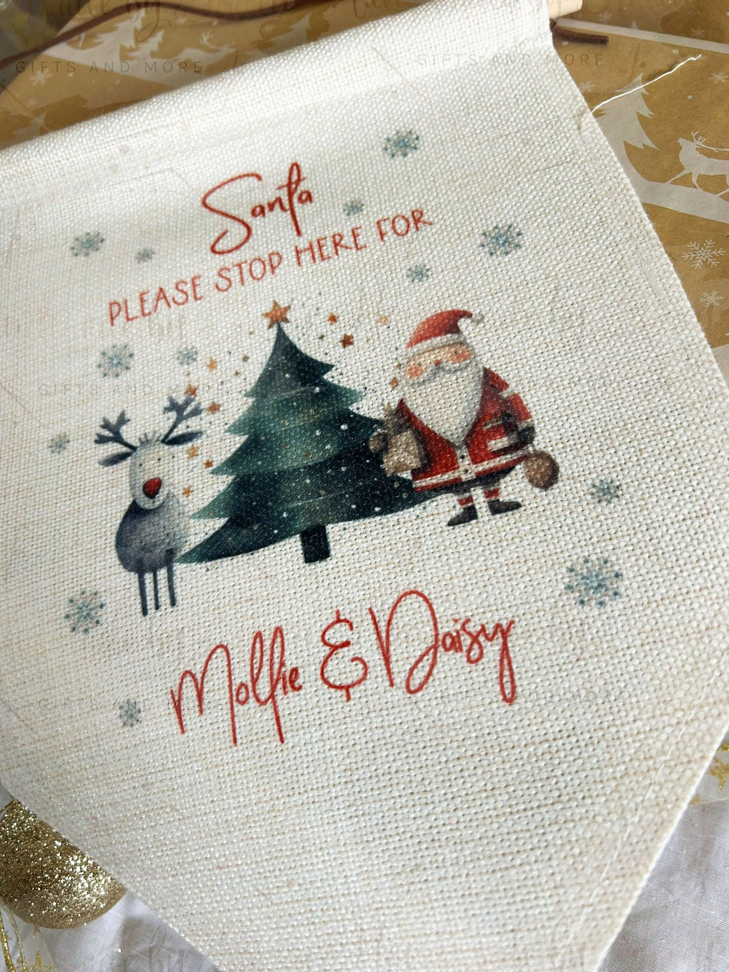 Personalised Stop Here Flag|Linen Flag|Editable Text|Santa Father Christmas Please Stop for|Family Sign|Christmas Festive Decor for Home