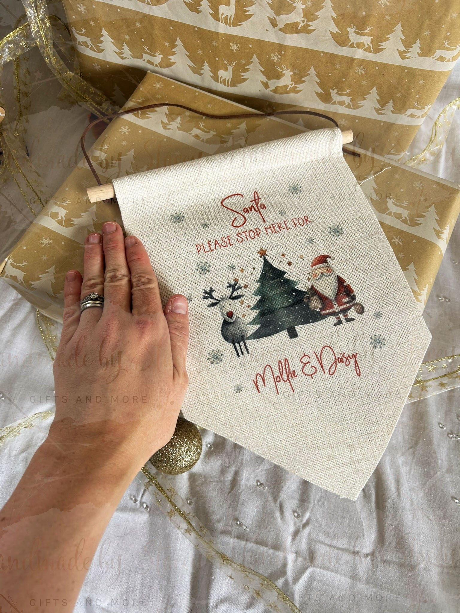 Personalised Stop Here Flag|Linen Flag|Editable Text|Santa Father Christmas Please Stop for|Family Sign|Christmas Festive Decor for Home