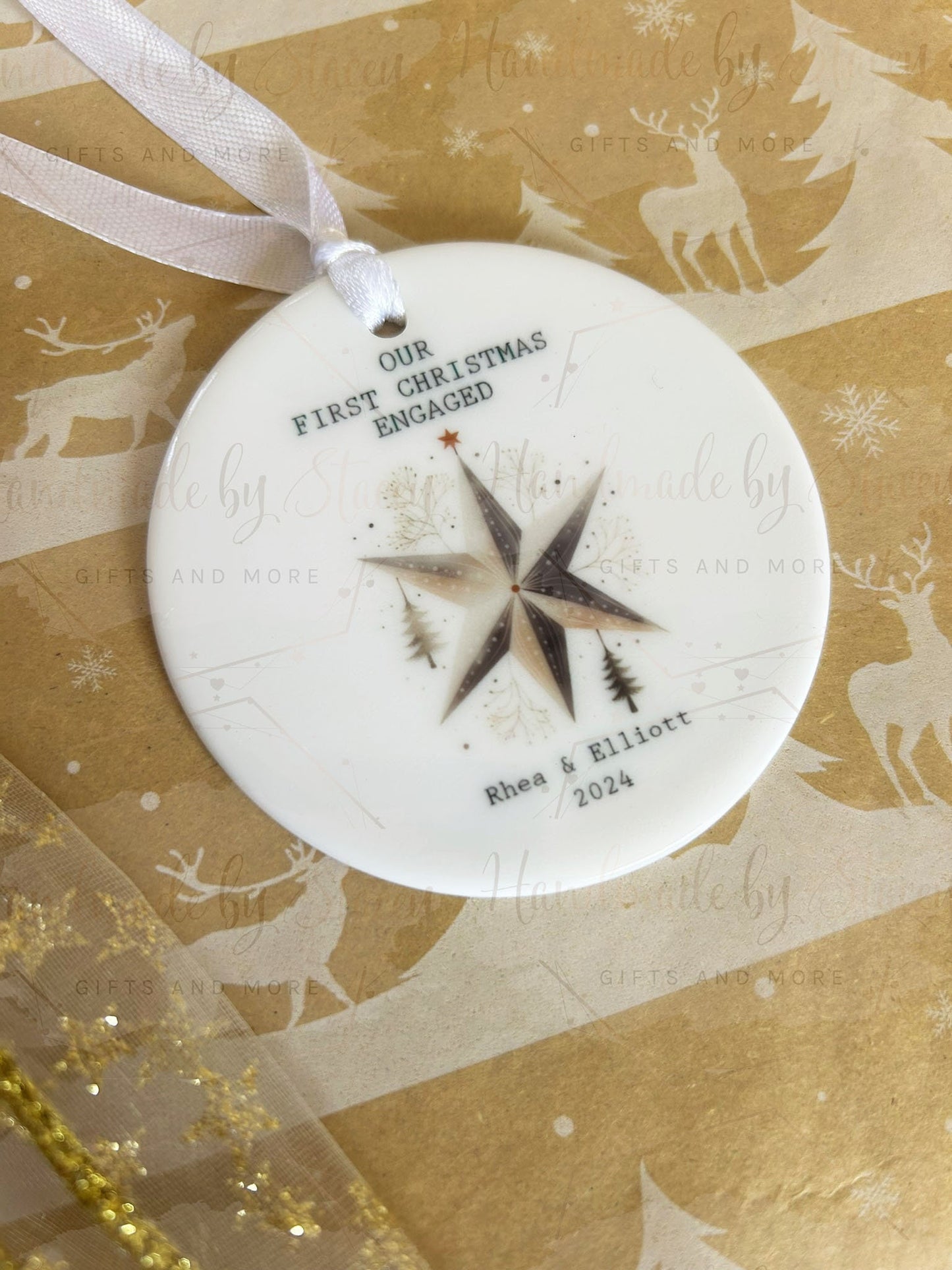 Personalised Christmas Bauble|Ceramic Tree Decoration|Editable Text|First Christmas Engaged|Bride Groom To Be Token Gift Idea|Festive Home
