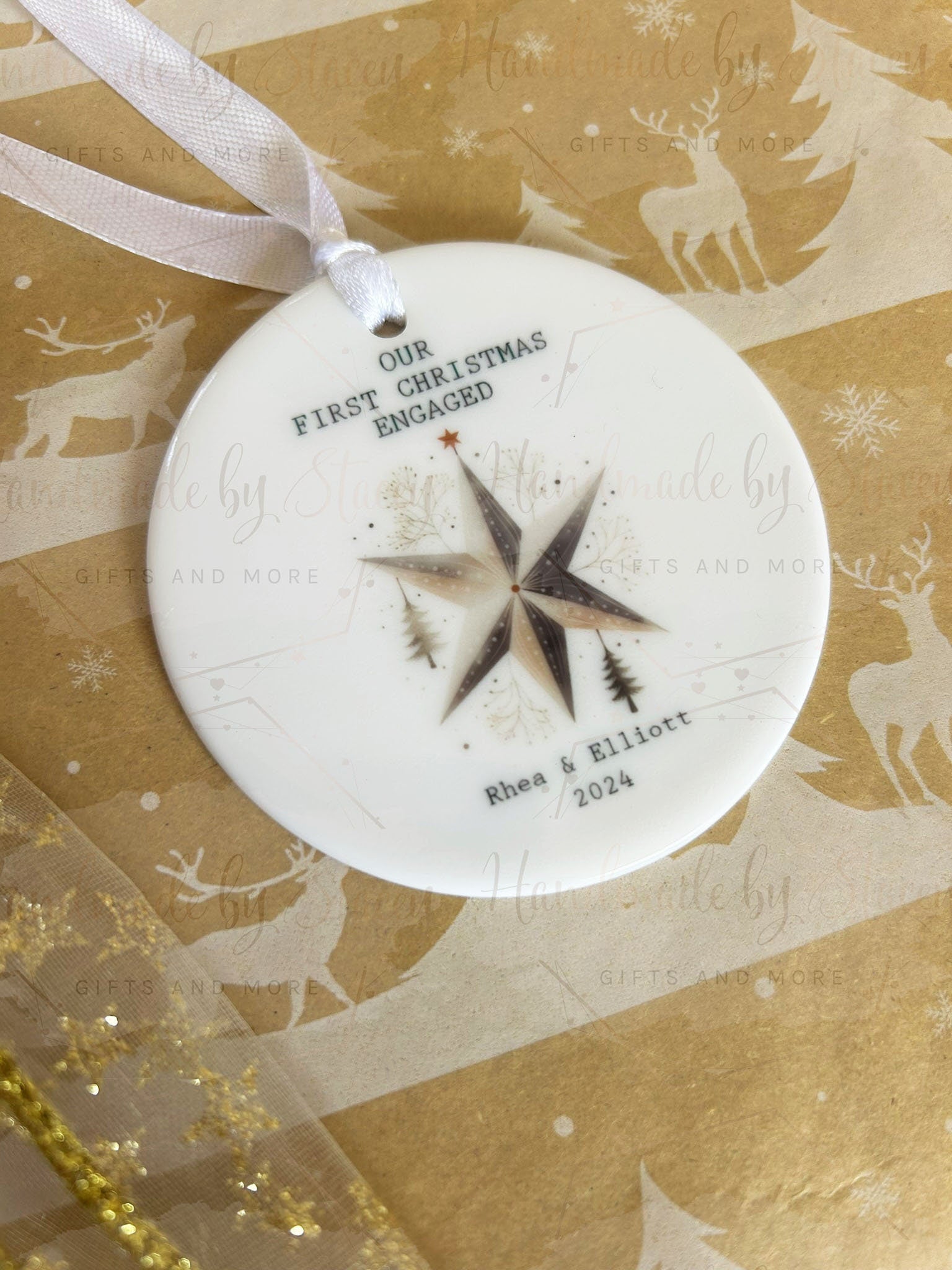 Personalised Christmas Bauble|Ceramic Tree Decoration|Editable Text|First Christmas Engaged|Bride Groom To Be Token Gift Idea|Festive Home