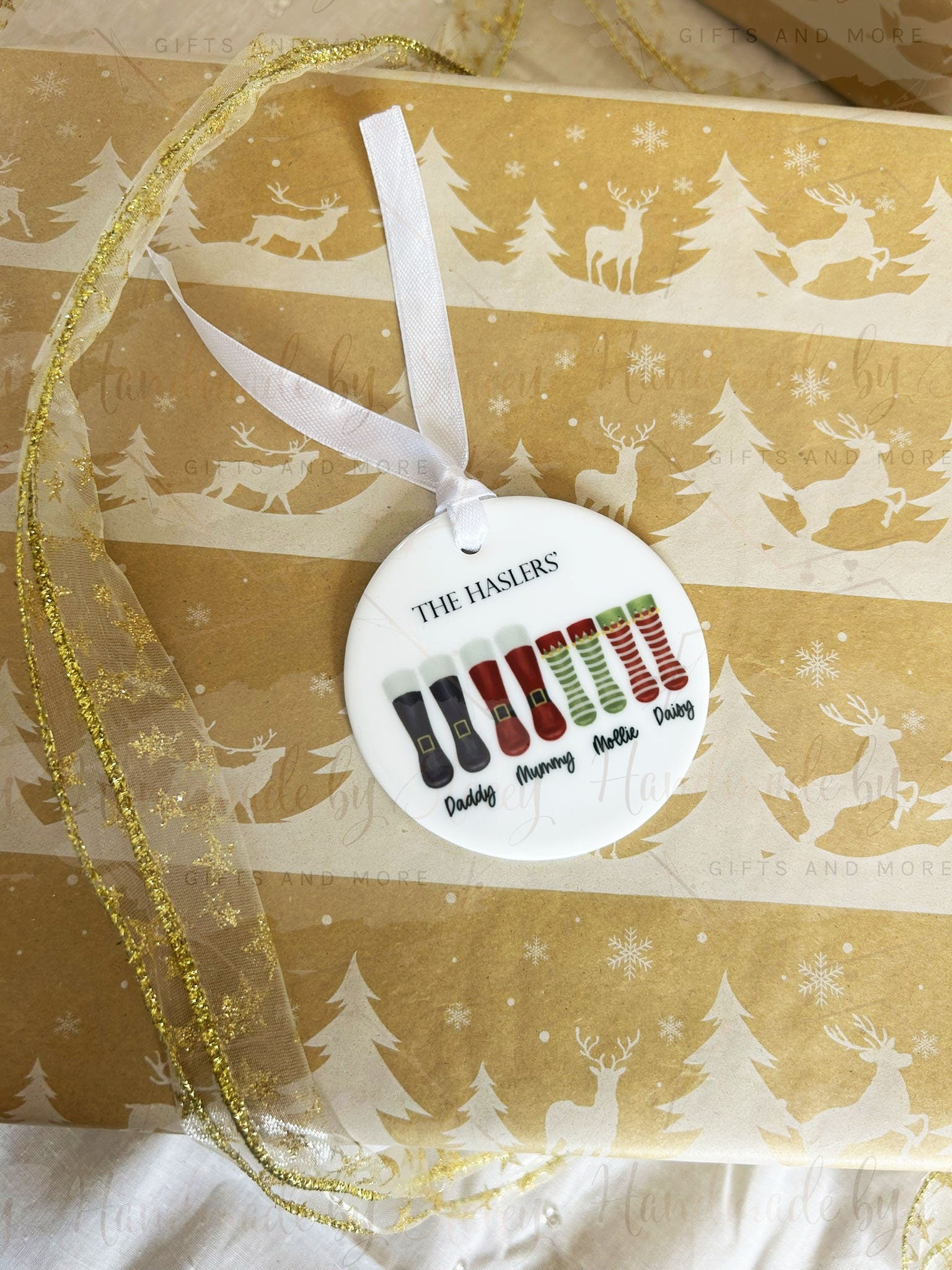 Personalised Christmas Bauble|Ceramic Tree Decoration|Editable Text|Family Christmas Boots|Santa Wellie Boots|Secret Santa Token Xmas Gift