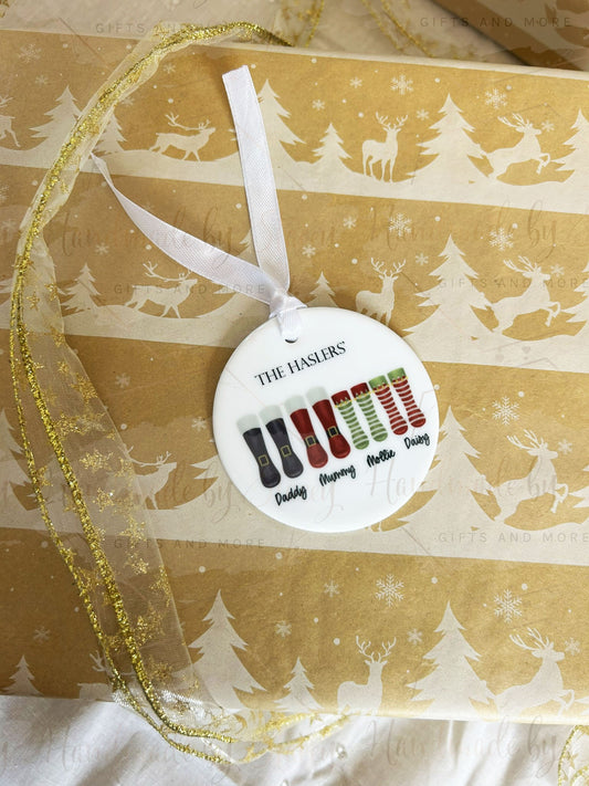Personalised Christmas Bauble|Ceramic Tree Decoration|Editable Text|Family Christmas Boots|Santa Wellie Boots|Secret Santa Token Xmas Gift