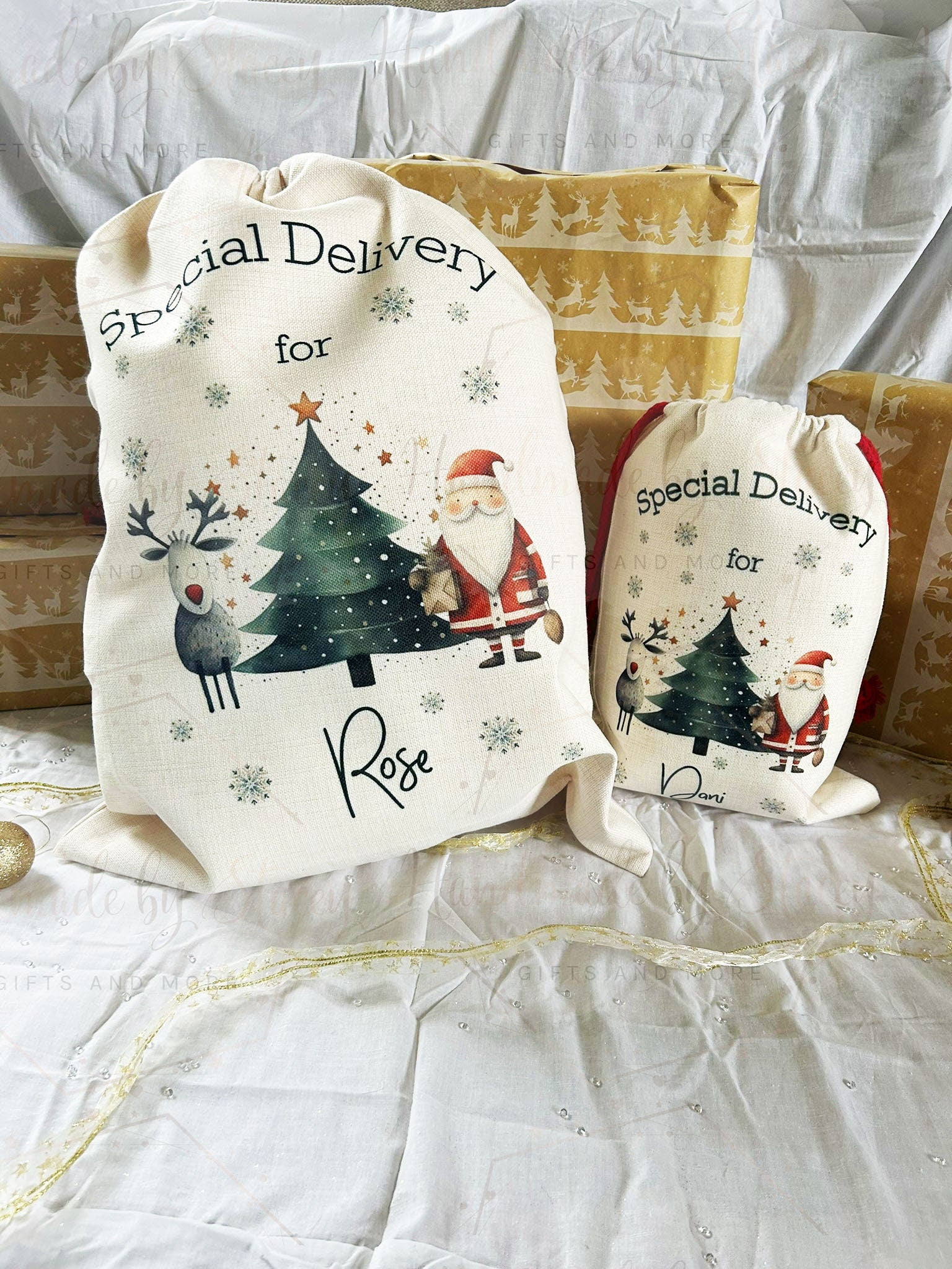 Personalised Christmas Bag|Seasonal Sack/Stocking|Three Styles|Editable Text|Stocking Filler|Xmas Design|Special Delivery|First Christmas