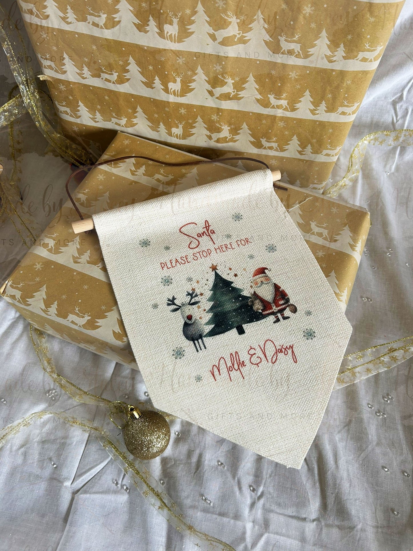 Personalised Stop Here Flag|Linen Flag|Editable Text|Santa Father Christmas Please Stop for|Family Sign|Christmas Festive Decor for Home