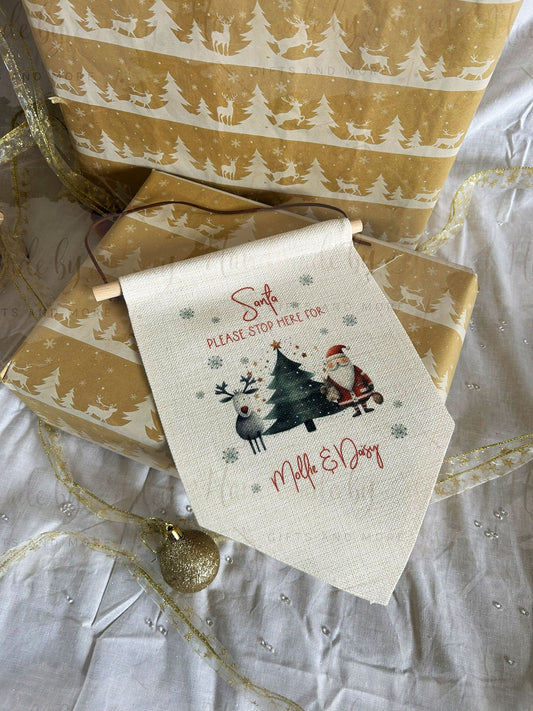 Personalised Stop Here Flag|Linen Flag|Editable Text|Santa Father Christmas Please Stop for|Family Sign|Christmas Festive Decor for Home
