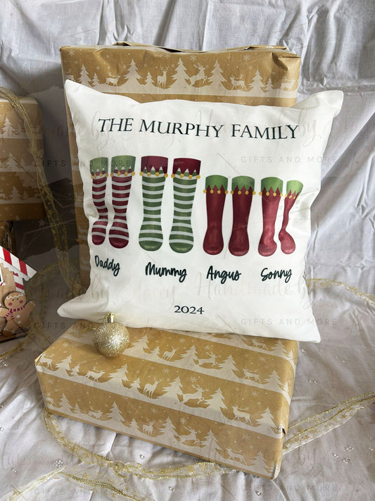 Personalised Christmas Cushion|Family Seasonal Santa Boot Welly Design|Editable Text|Secret Santa Gift Idea for Friends Family Grandparents