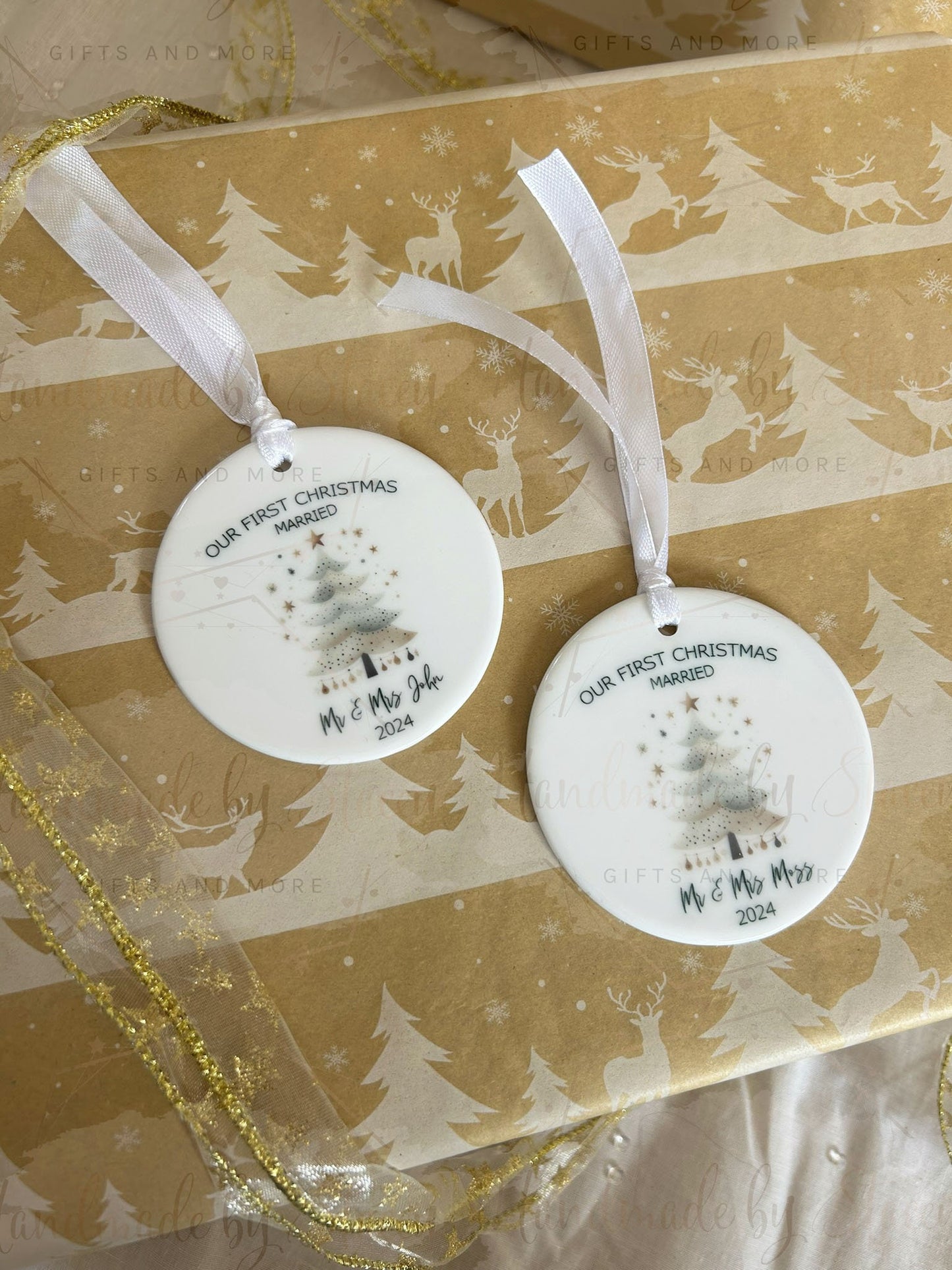 Personalised Christmas Bauble|Ceramic Tree Decoration|Editable Text|First Christmas as Mr Mrs|Mr and Mr|Mrs & Mrs|Married in 2024